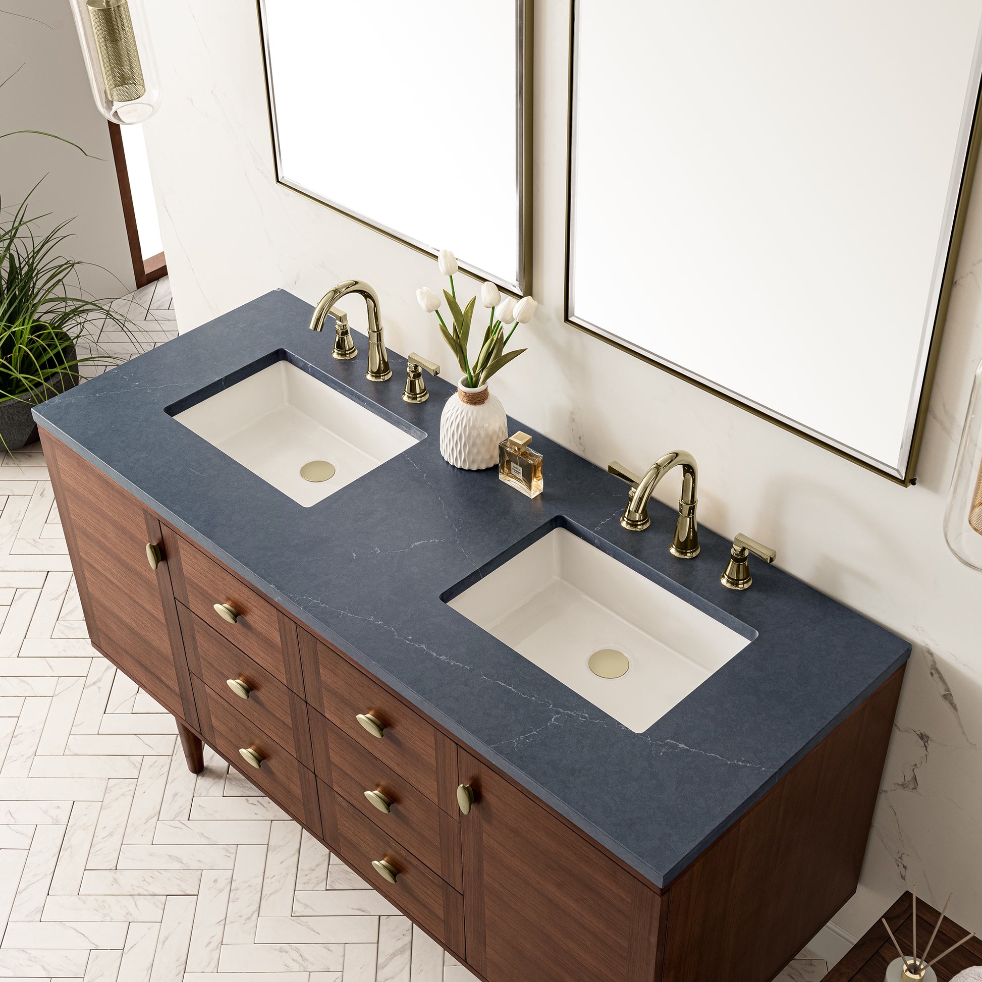 Renovate for Less Atlanta Amberly 60" Double Vanity, Mid-Century Walnut w/ 3 CM Charcoal Soapstone Top