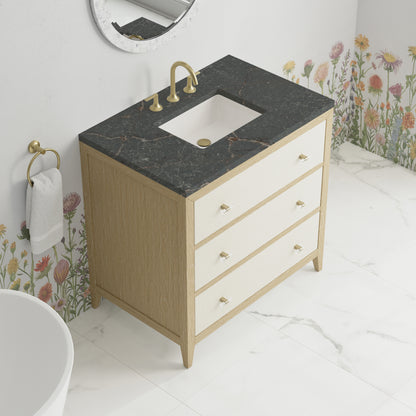 Renovate for Less Atlanta Celeste 36" Single Vanity, Sunwashed Oak with Embossed Shagreen w/ 3 CM Parisien Bleu Silestone Top
