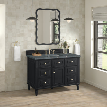 Renovate for Less Atlanta Lorelai 48" Single Vanity, Black Onyx w/ 3 CM Parisien Bleu Silestone Top w/FreePower Wireless Charger