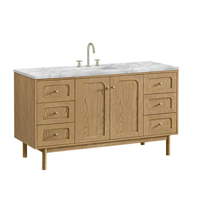 Renovate for Less Atlanta Laurent 60" Single Vanity, Light Natural Oak, w/ 3 CM Carrara Marble Top