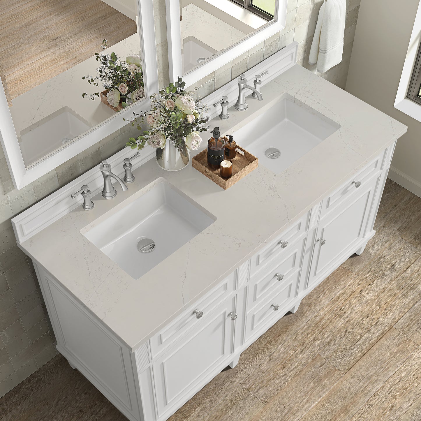 Renovate for Less Atlanta Lorelai 60" Double Vanity, Bright White, w/ 3 CM Siberian Silestone Top