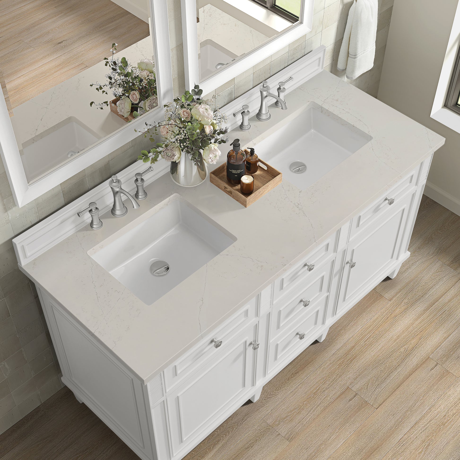 Renovate for Less Atlanta Lorelai 60" Double Vanity, Bright White, w/ 3 CM Siberian Silestone Top