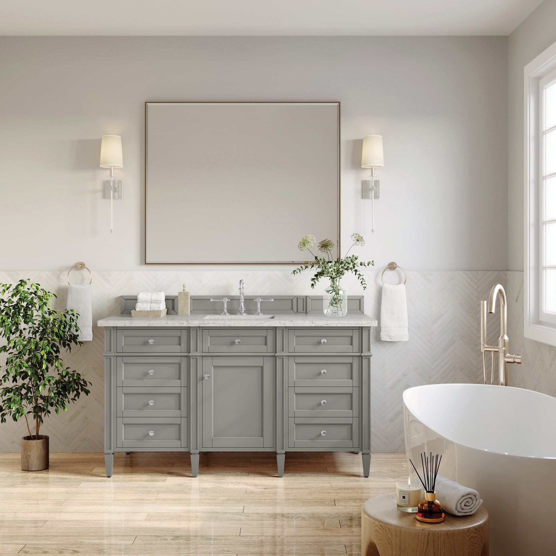 Renovate for Less Atlanta Brittany 60" Single Vanity, Urban Gray w/ 3 CM Eternal Jasmine Pearl Silestone Top