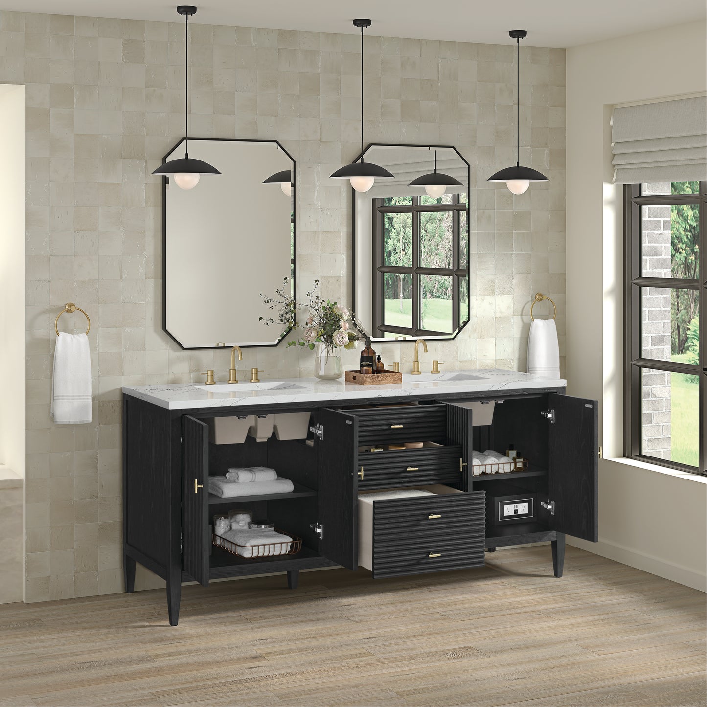 Renovate for Less Atlanta Myrrin 72" Double Vanity, Carbon Oak w/ 3 CM Ethereal Noctis Silestone Top