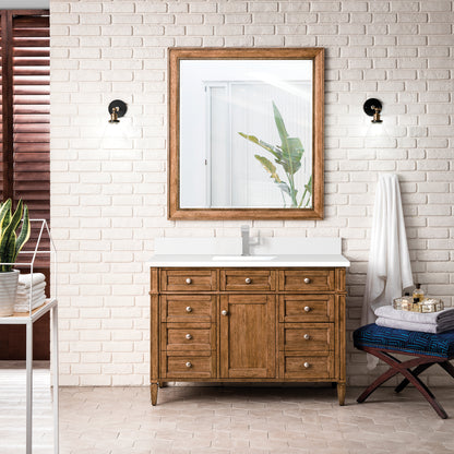 Renovate for Less Atlanta Brittany 48" Single Vanity, Saddle Brown w/ Single Hole 3 CM White Zeus Silestone Top & Backsplash