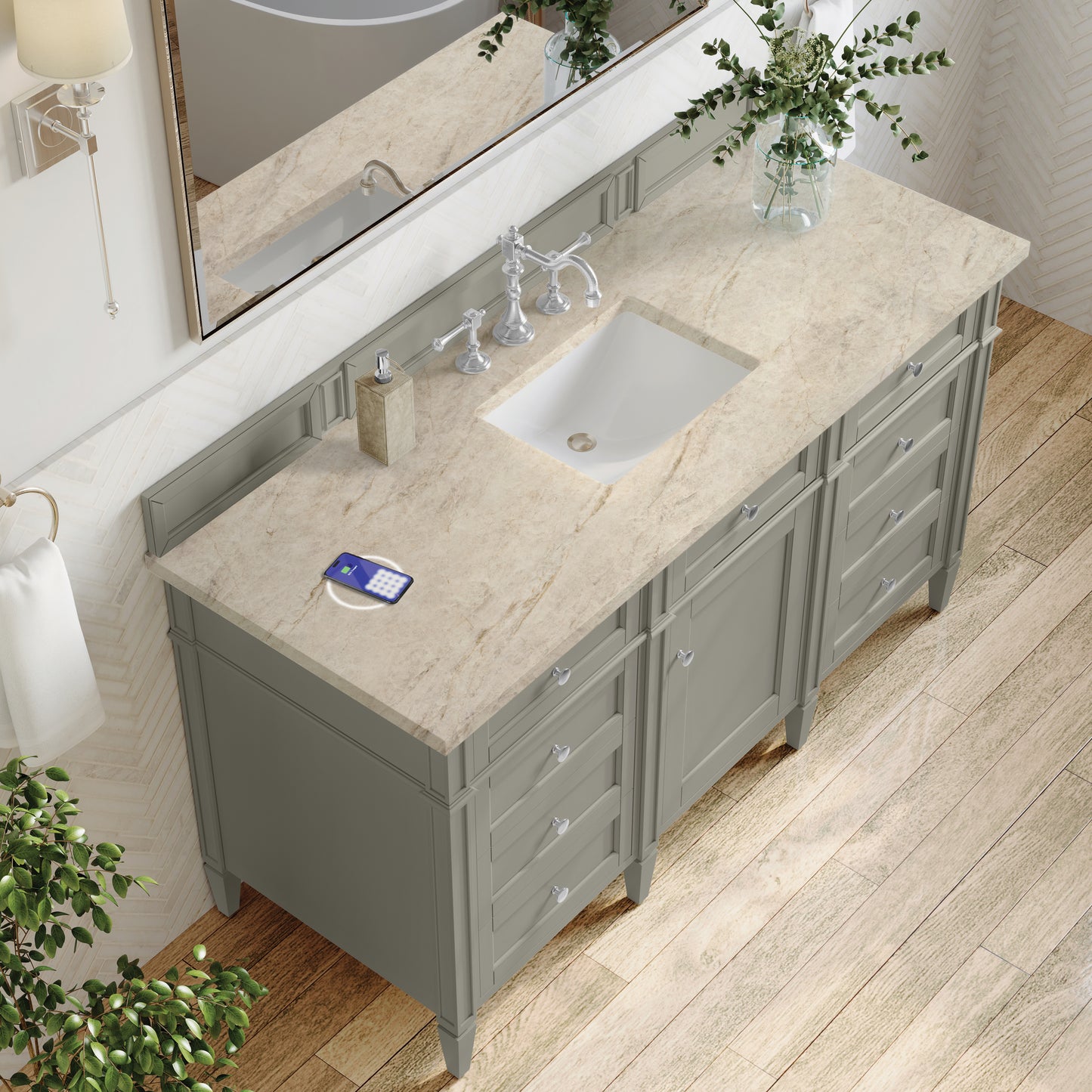 Renovate for Less Atlanta Brittany 60" Single Vanity, Urban Gray, w/ 3 CM Tajnar Eclos Top w/FreePower Wireless Charger