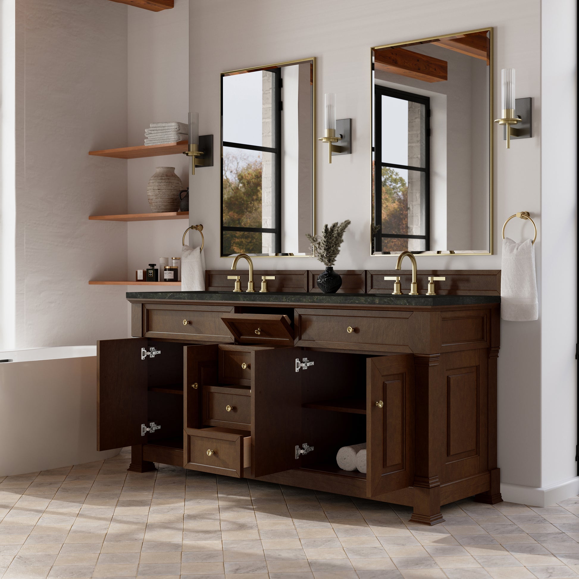 Renovate for Less Atlanta Brookfield 72" Double Vanity, Honey Oak, w/ 3 CM Phantome Eclos Top