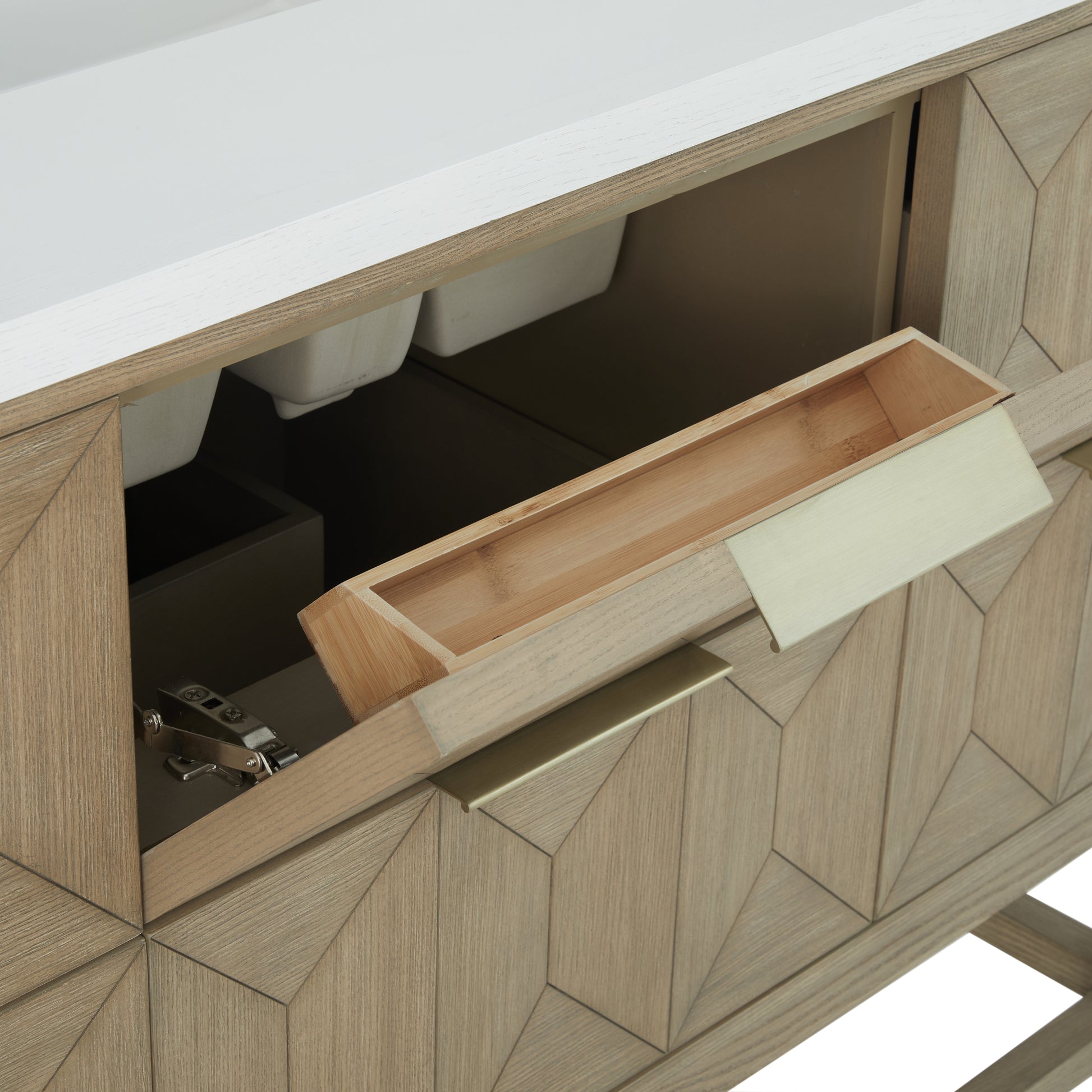 Renovate for Less Atlanta Emmeline 48" Single Vanity, Pebble Oak w/ 3 CM Victorian Silver Silestone Top w/ FreePower Wireless Charger