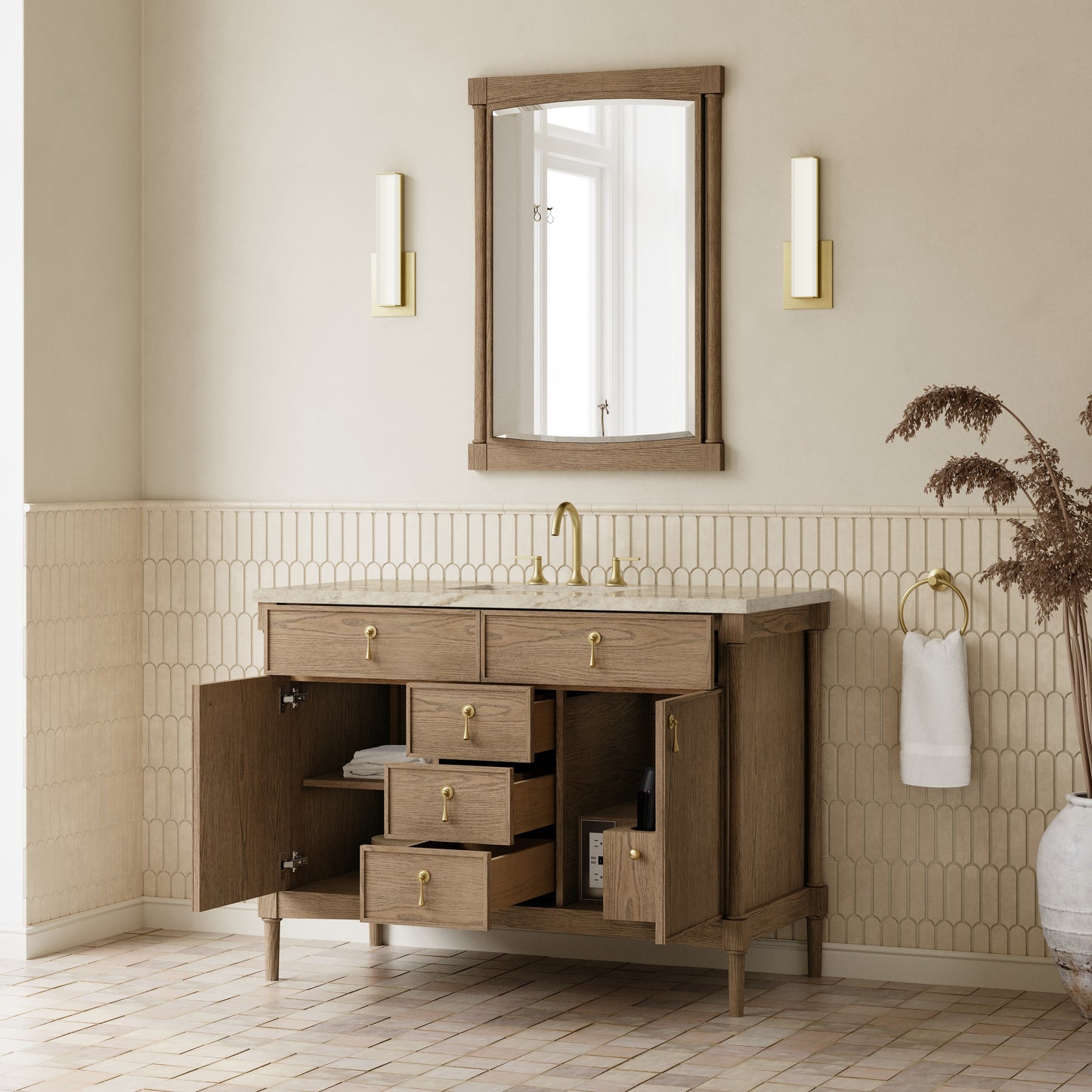 Renovate for Less Atlanta Kinnsden 48" Single Vanity, Weathered Oak w/ 3 CM Tajnar Eclos Top w/FreePower Wireless Charger