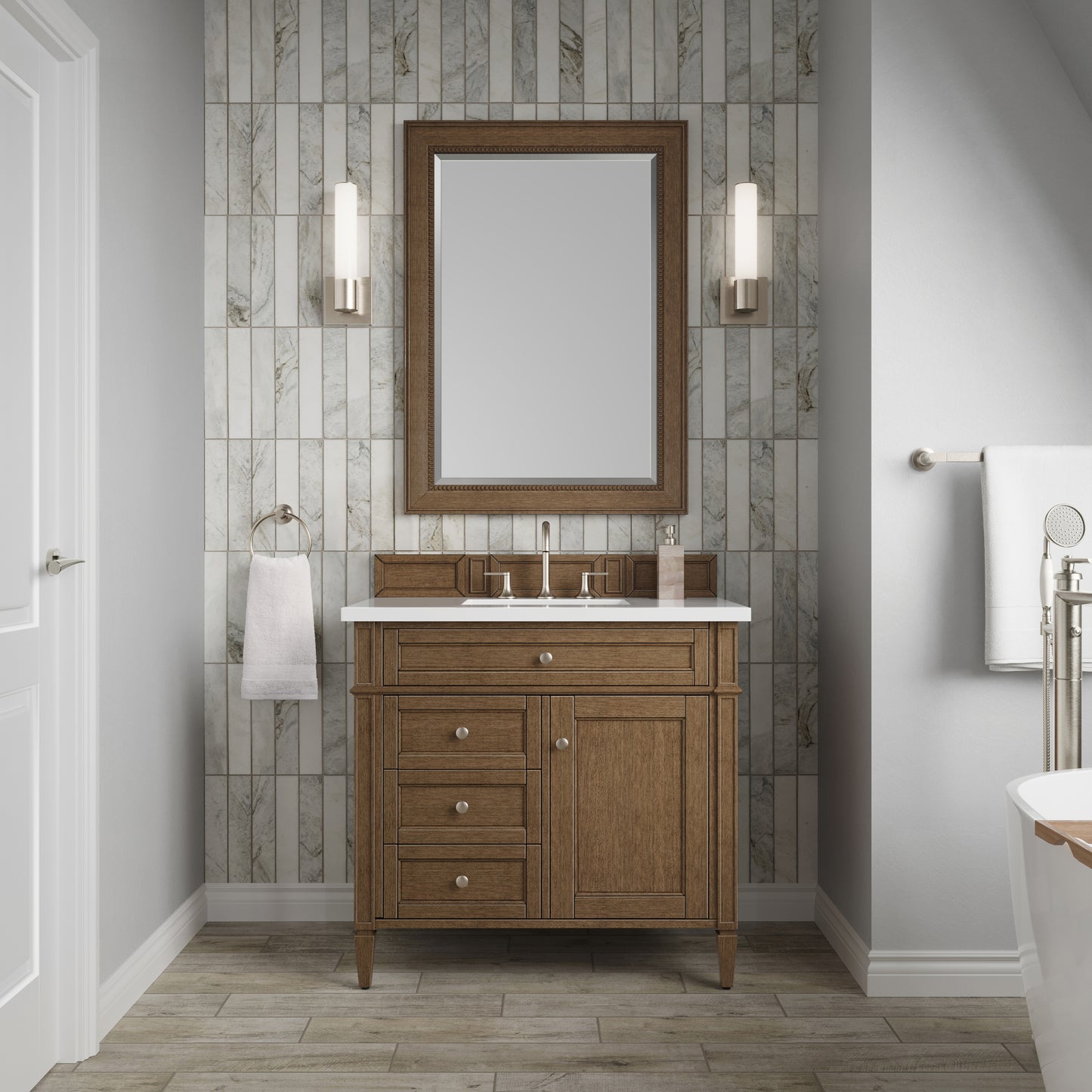 Renovate for Less Atlanta Brittany 36" Single Vanity, Saddle Brown w/ 3 CM White Zeus Silestone Top