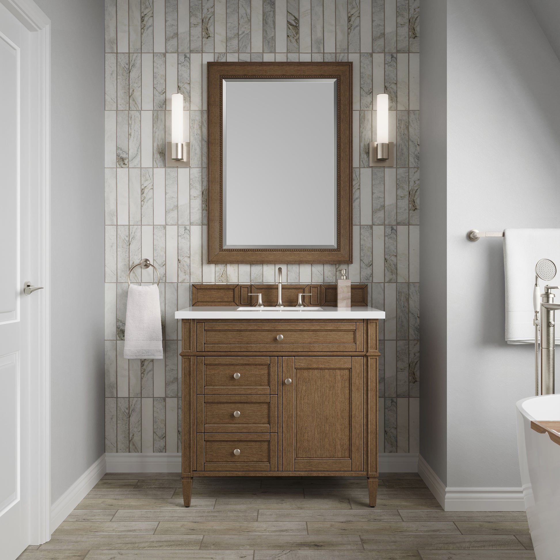 Renovate for Less Atlanta Brittany 36" Single Vanity, Saddle Brown w/ 3 CM White Zeus Silestone Top