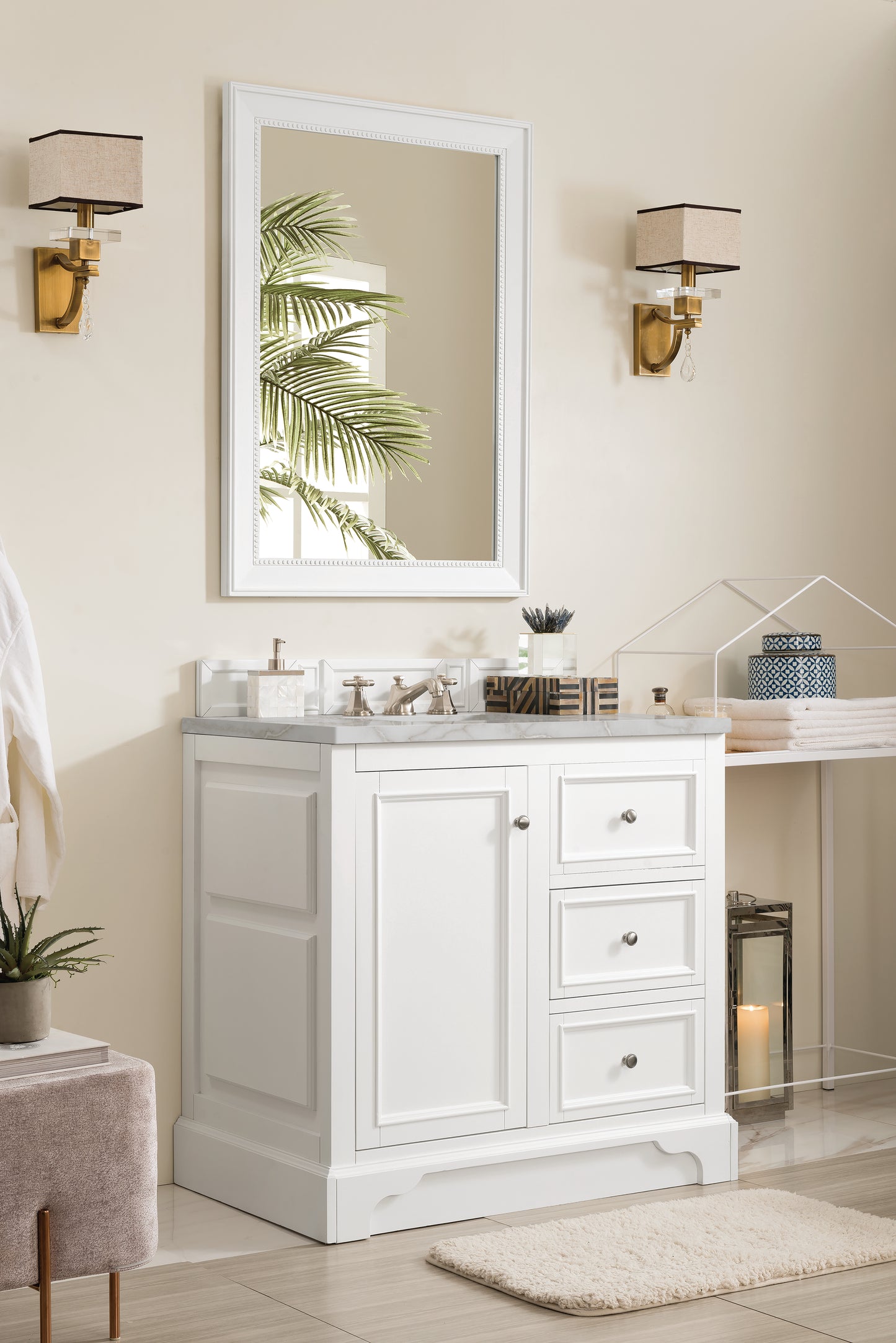 Renovate for Less Atlanta De Soto 36" Single Vanity, Bright White w/ 3 CM Victorian Silver Silestone Top