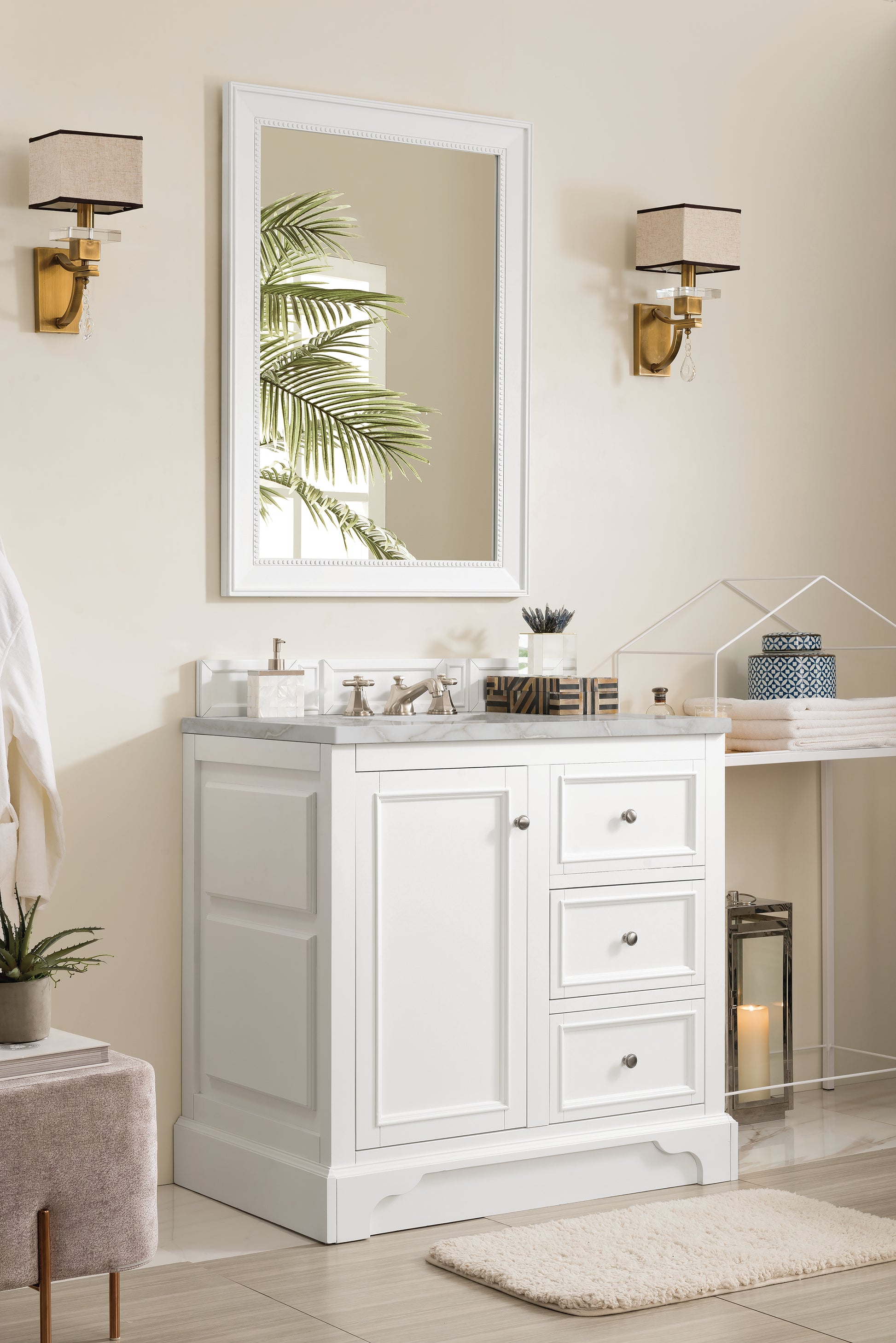 Renovate for Less Atlanta De Soto 36" Single Vanity, Bright White w/ 3 CM Victorian Silver Silestone Top