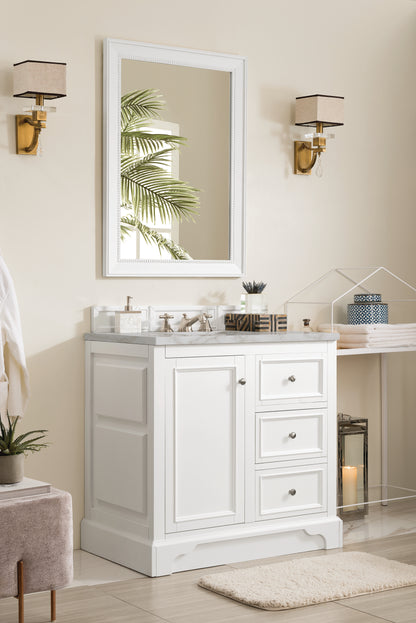 Renovate for Less Atlanta De Soto 36" Single Vanity, Bright White w/ 3 CM Victorian Silver Silestone Top
