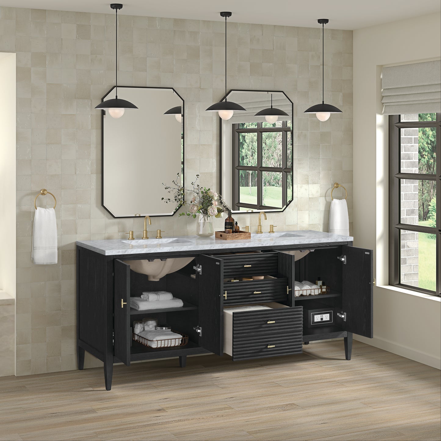 Renovate for Less Atlanta Myrrin 72" Double Vanity, Carbon Oak w/ 3 CM Carrara White Marble Top