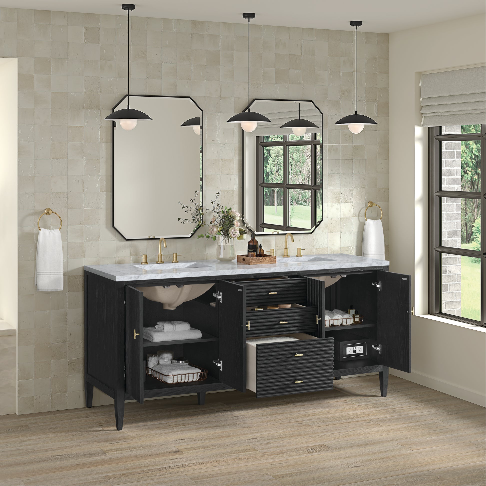 Renovate for Less Atlanta Myrrin 72" Double Vanity, Carbon Oak w/ 3 CM Carrara White Marble Top