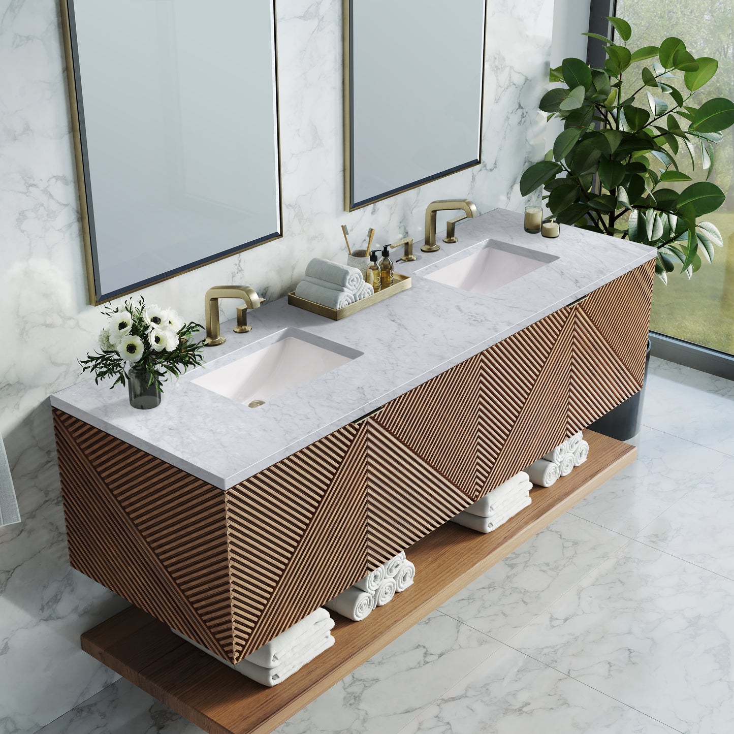 Renovate for Less Atlanta Marcello 72" Double Vanity, Chestnut w/ 3 CM Carrara Marble Top