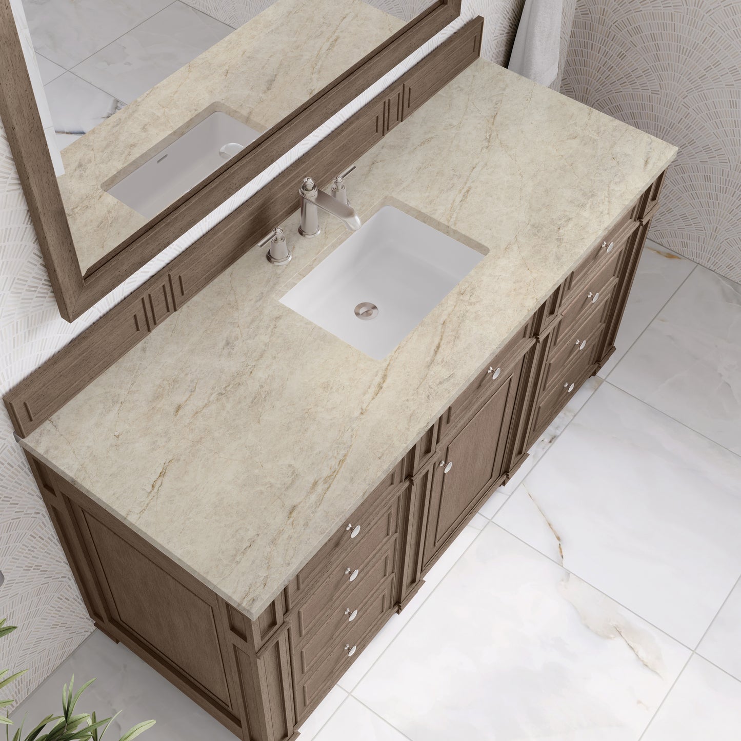 Renovate for Less Atlanta Bristol 60" Single Vanity Whitewashed Walnut, w/ 3 CM Tajnar Eclos Top