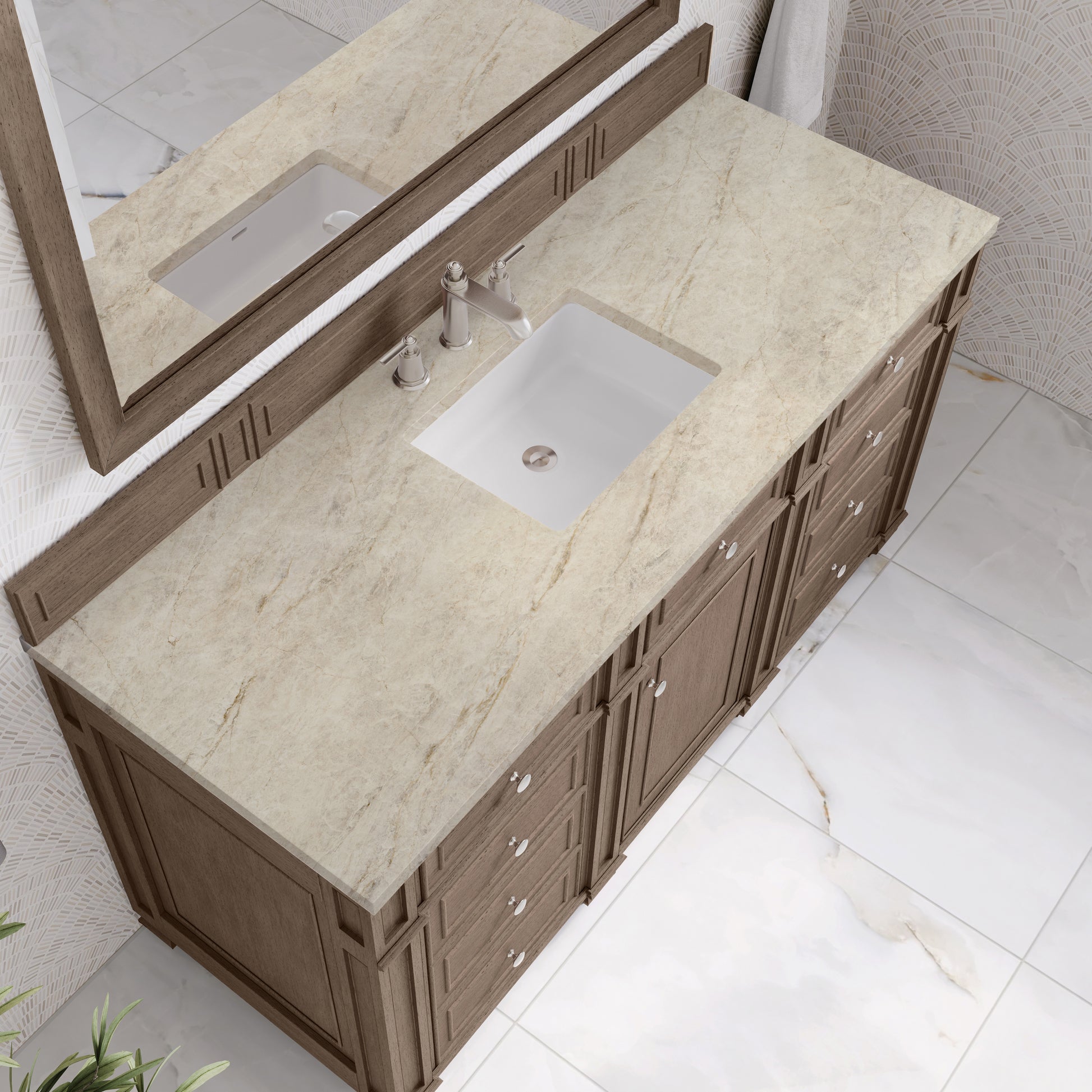 Renovate for Less Atlanta Bristol 60" Single Vanity Whitewashed Walnut, w/ 3 CM Tajnar Eclos Top