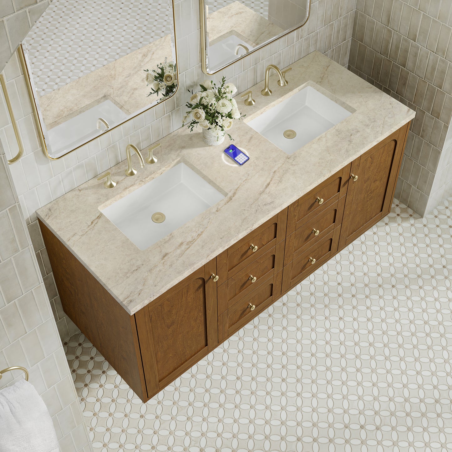 Renovate for Less Atlanta Laurent 60" Double Vanity, Honey Oak w/ 3 CM Tajnar Eclos Top w/FreePower Wireless Charger