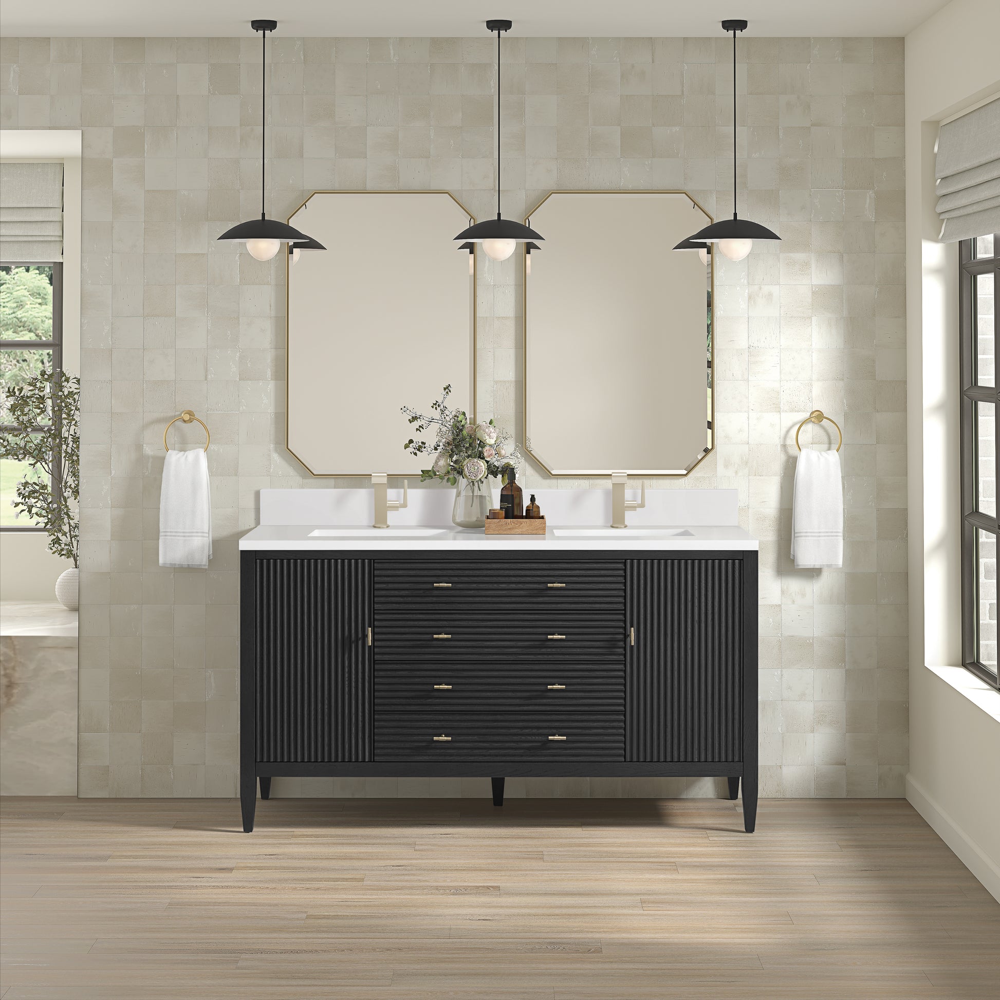 Renovate for Less Atlanta Myrrin 60" Double Vanity, Carbon Oak w/ Single Hole 3 CM White Zeus Silestone Top & Backsplash