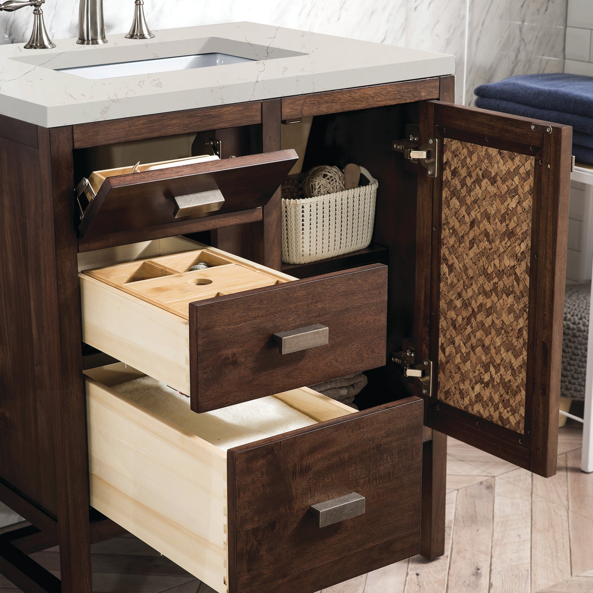 Renovate for Less Atlanta Addison 30" Single Vanity, Mid-Century Acacia, w/ 3 CM Siberian Silestone Top