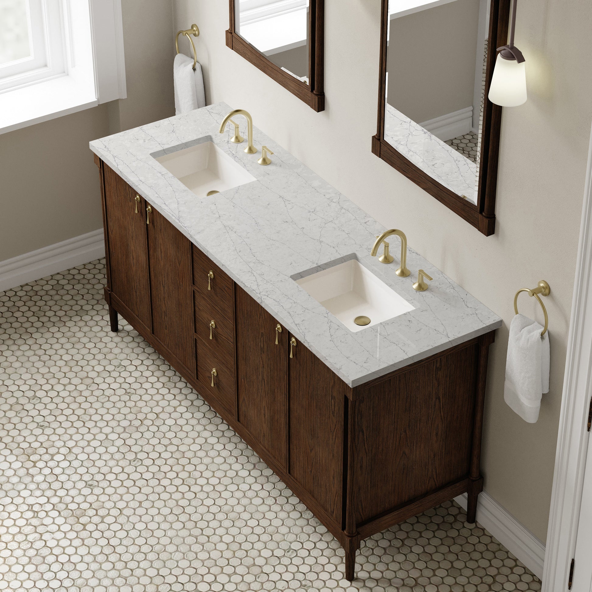 Renovate for Less Atlanta Kinnsden 72" Double Vanity, Sable Oak w/ 3 CM Eternal Jasmine Pearl Silestone Top