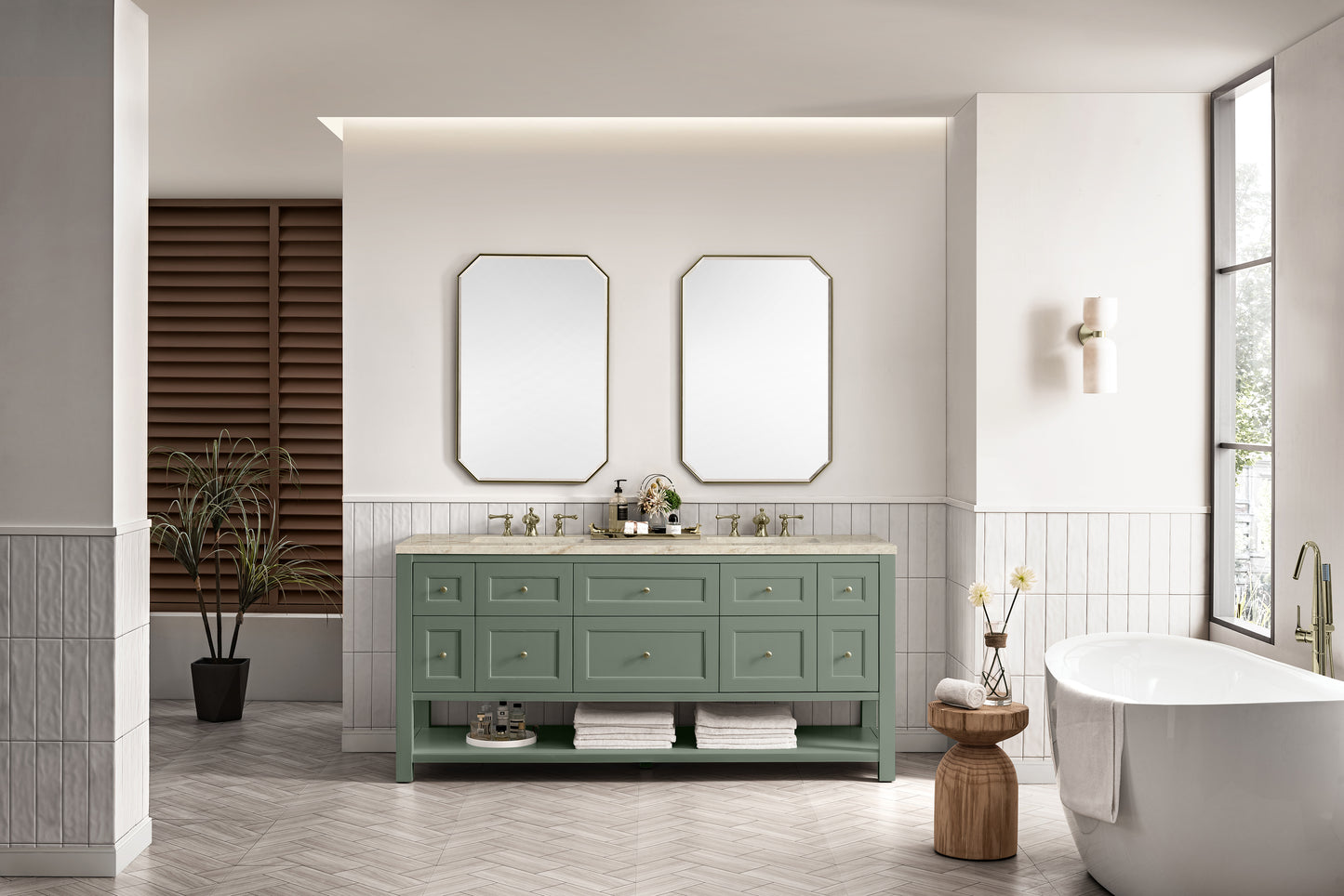 Renovate for Less Atlanta Breckenridge 72" Double Vanity, Smokey Celadon, w/ 3 CM Tajnar Eclos Top w/FreePower Wireless Charger