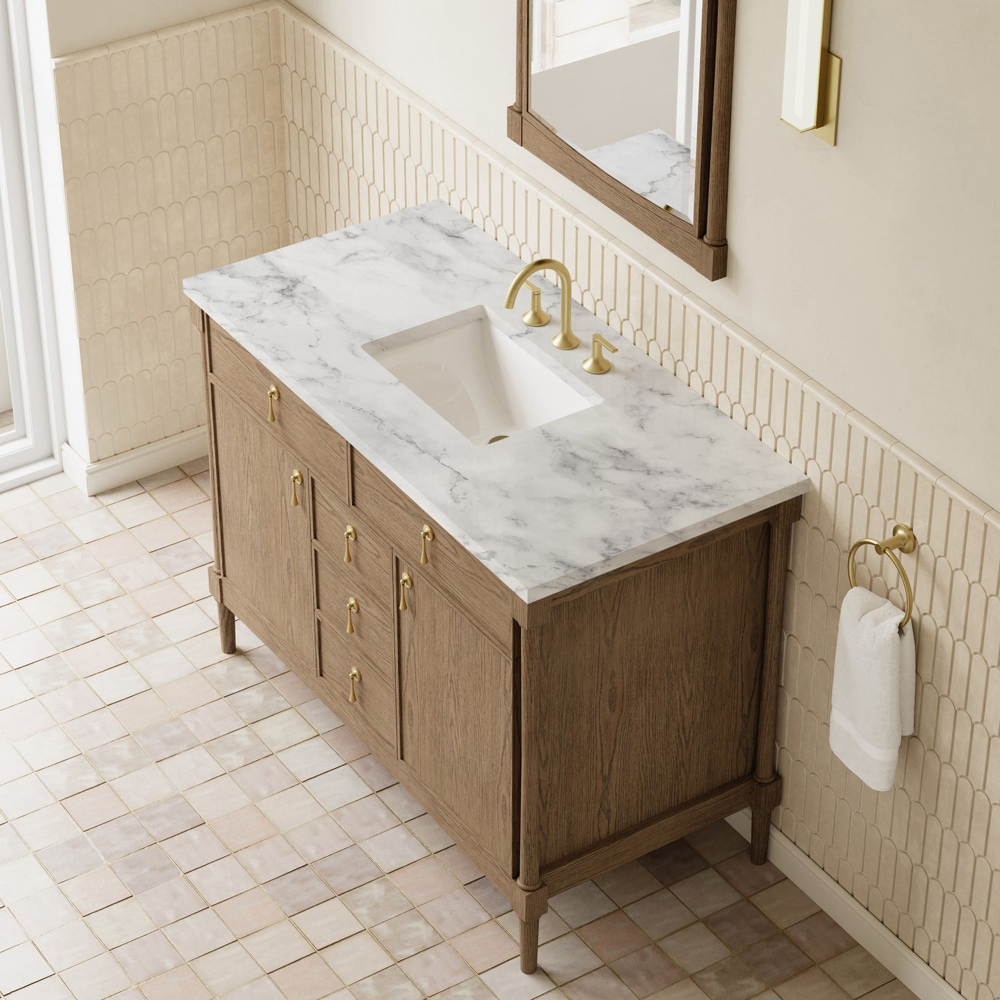 Renovate for Less Atlanta Kinnsden 48" Single Vanity, Weathered Oak w/ 3 CM Carrara Marble Top