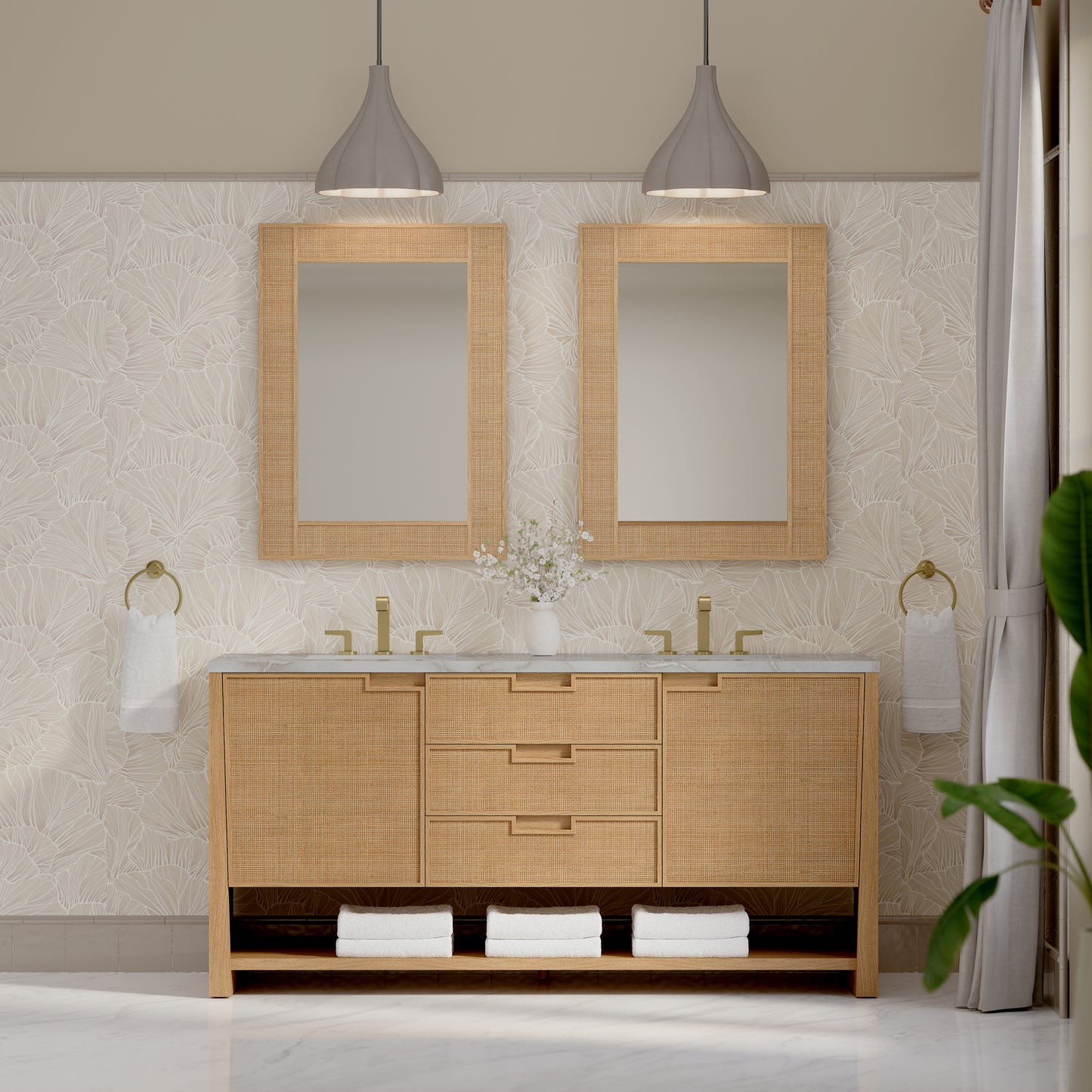 Renovate for Less Atlanta Solene 72" Double Vanity, Seaside Oak, w/ 3 CM Victorian Silver Silestone Top w/ FreePower Wireless Charger