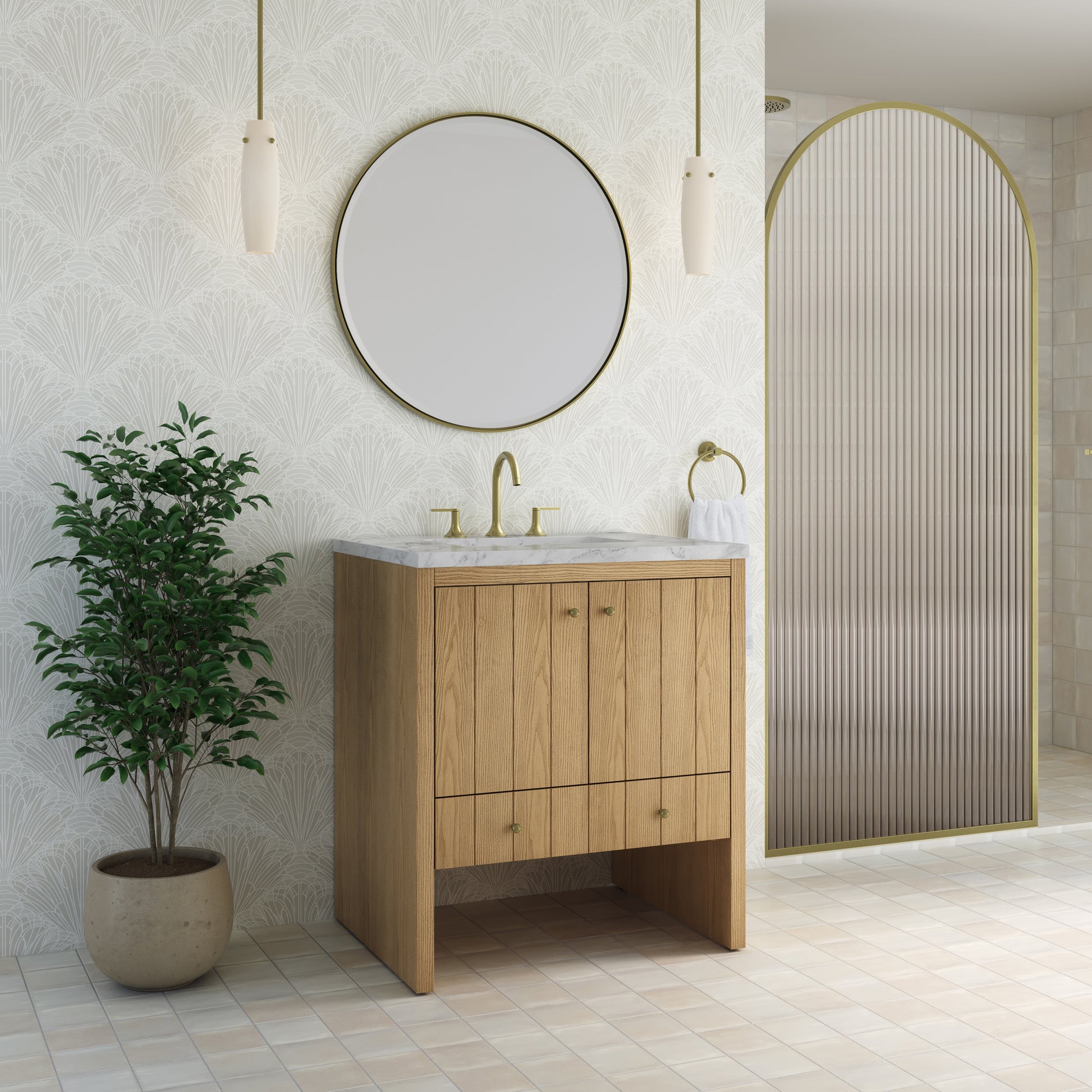 Renovate for Less Atlanta Hudson 30" Single Vanity, Light Natural Oak w/ 3 CM Carrara Marble Top
