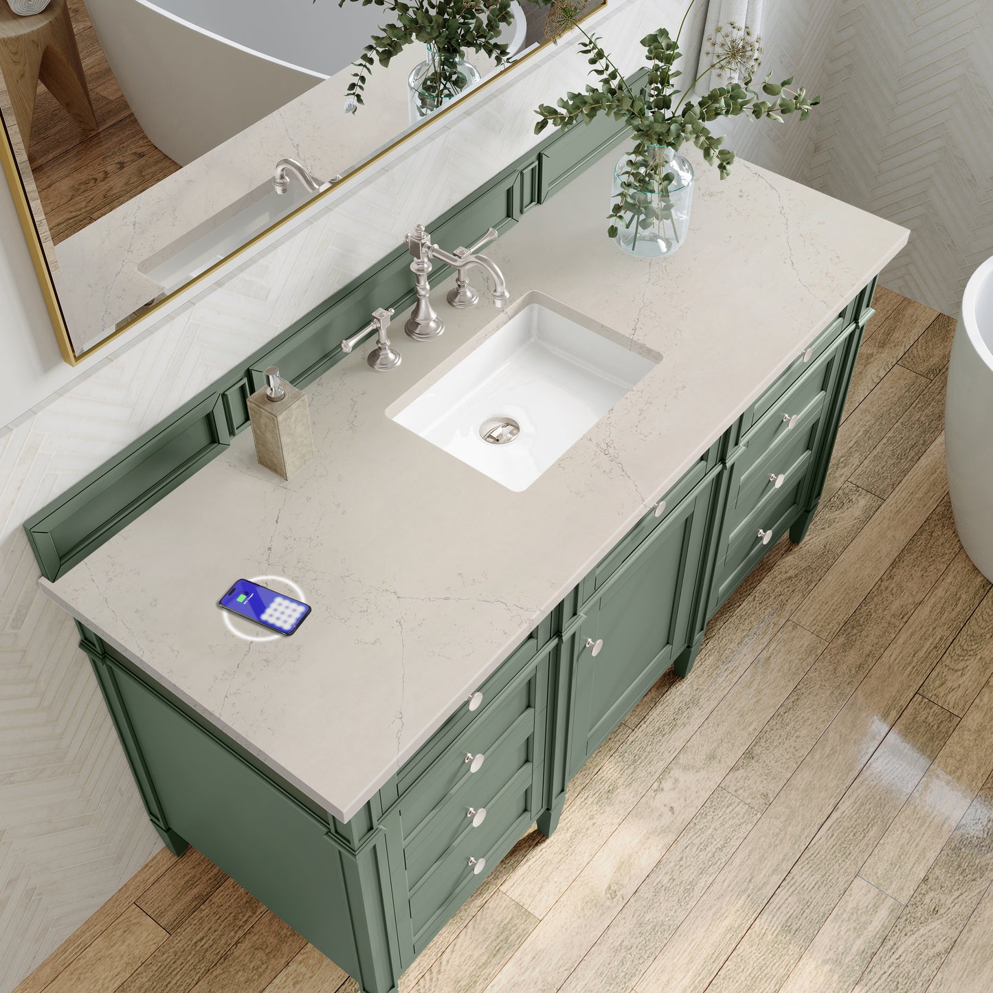 Renovate for Less Atlanta Brittany 60" Single Vanity, Smokey Celadon, w/ 3 CM Siberian Silestone Top w/FreePower Wireless Charger
