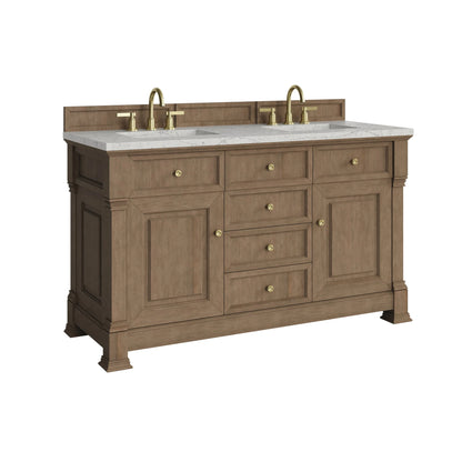 Brookfield 60" Double Vanity, Pecan w/3 CM Eternal Jasmine Pearl Silestone Top