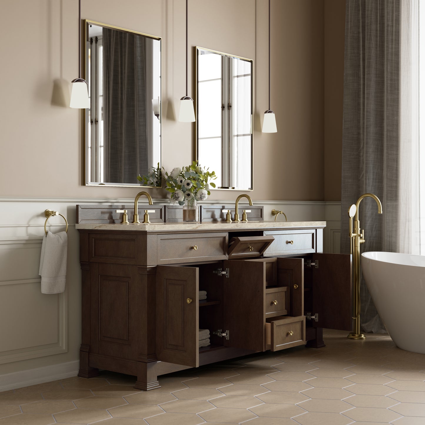 Renovate for Less Atlanta Brookfield 72" Double Vanity, Pecan, w/ 3 CM Tajnar Eclos Top w/FreePower Wireless Charger