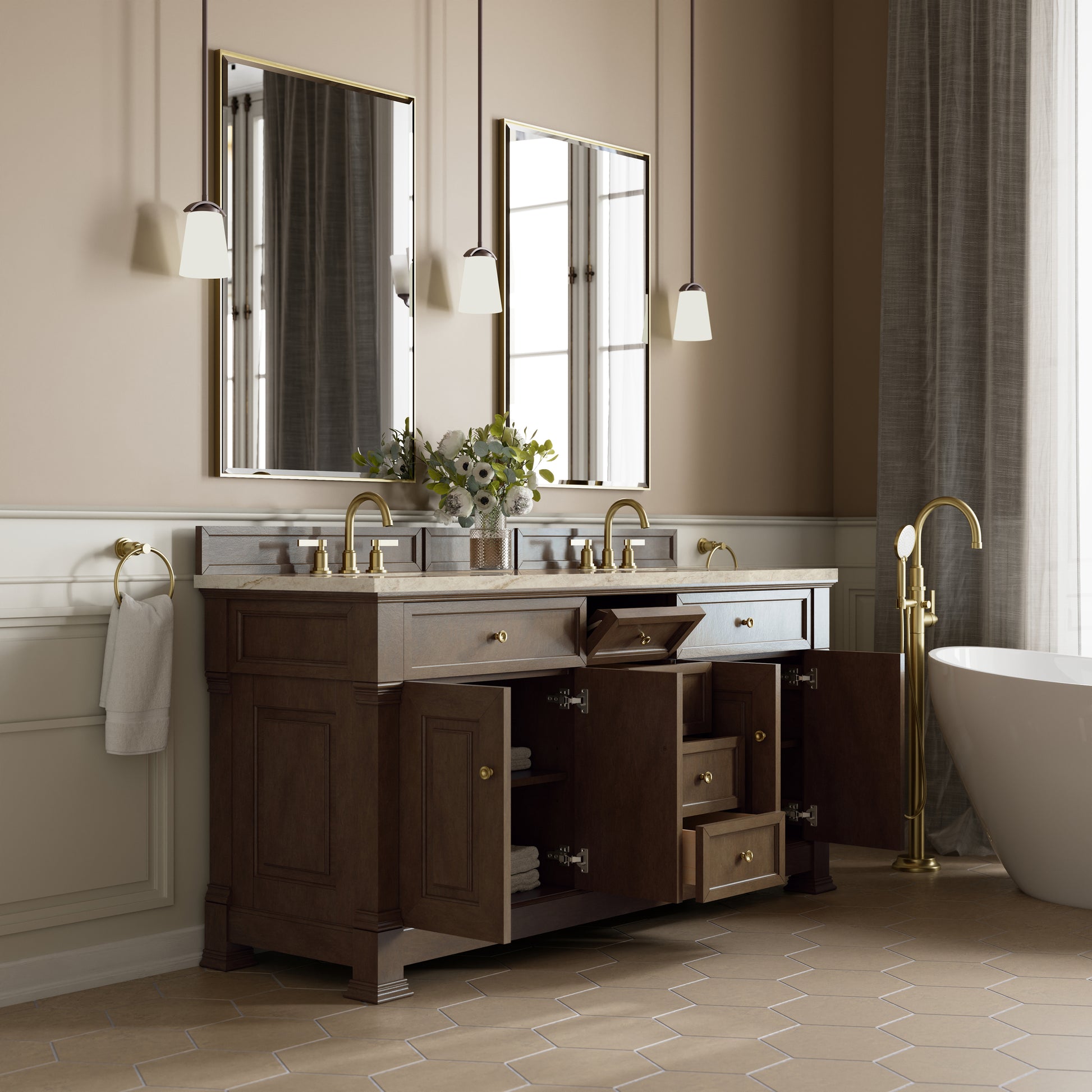 Renovate for Less Atlanta Brookfield 72" Double Vanity, Pecan, w/ 3 CM Tajnar Eclos Top w/FreePower Wireless Charger