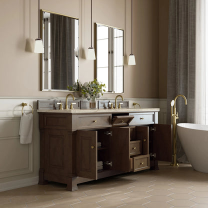 Brookfield 72" Double Vanity, Pecan, w/ 3 CM Tajnar Eclos Top