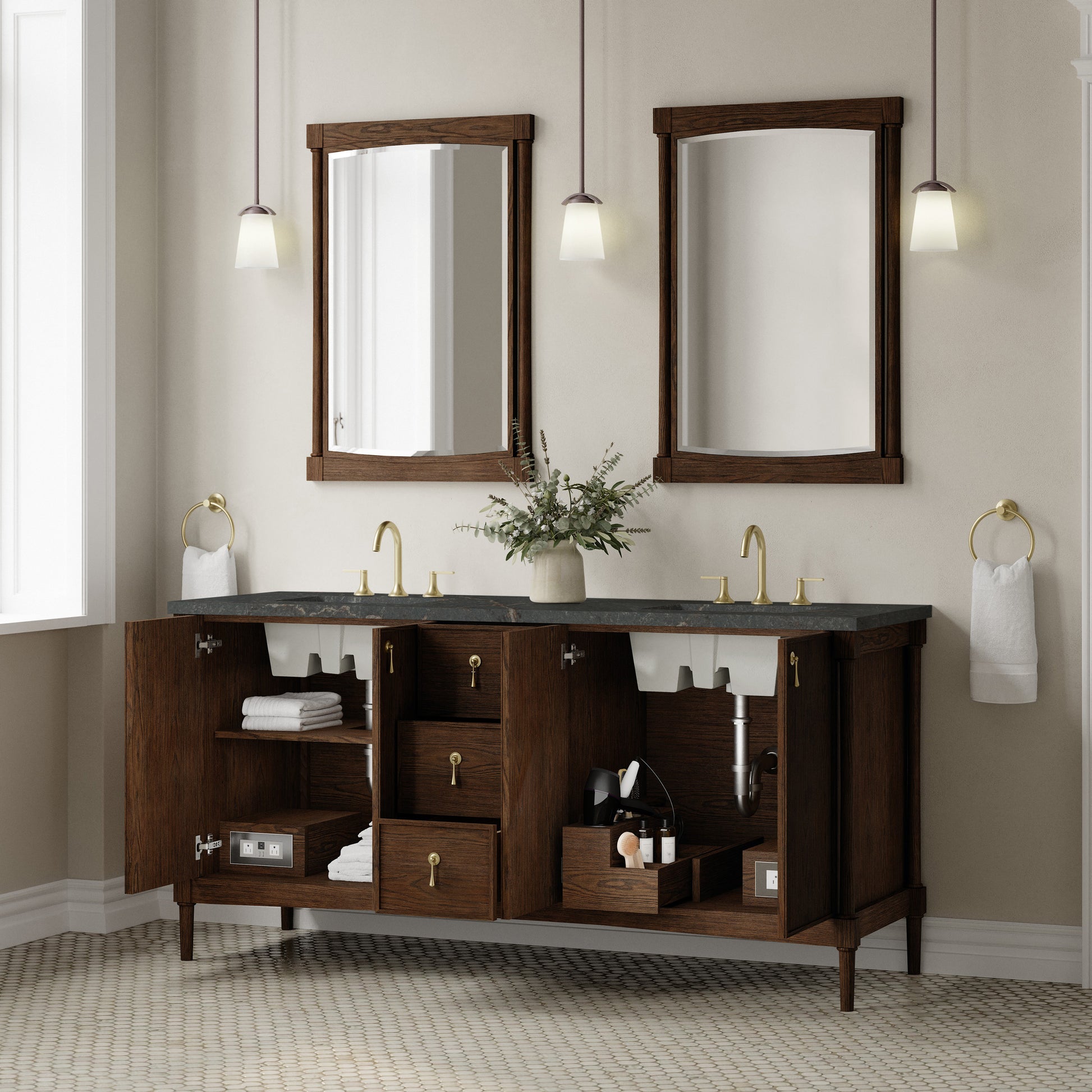 Renovate for Less Atlanta Kinnsden 72" Double Vanity, Sable Oak w/ 3 CM Parisien Bleu Silestone Top