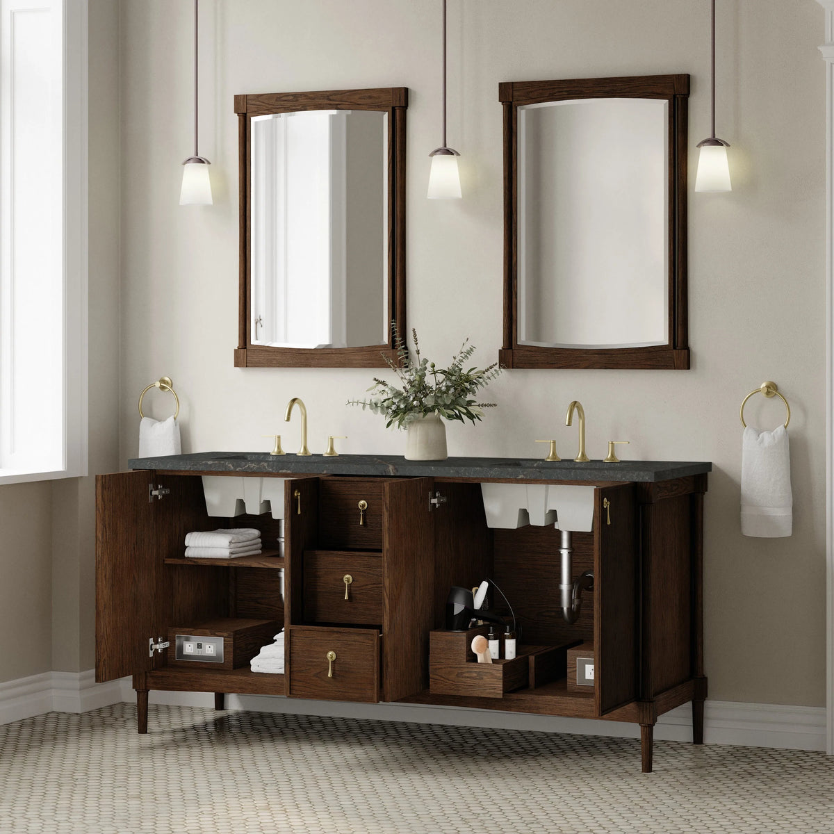 Kinnsden 72" Double Vanity, Sable Oak w/ 3 CM Parisien Bleu Silestone Top
