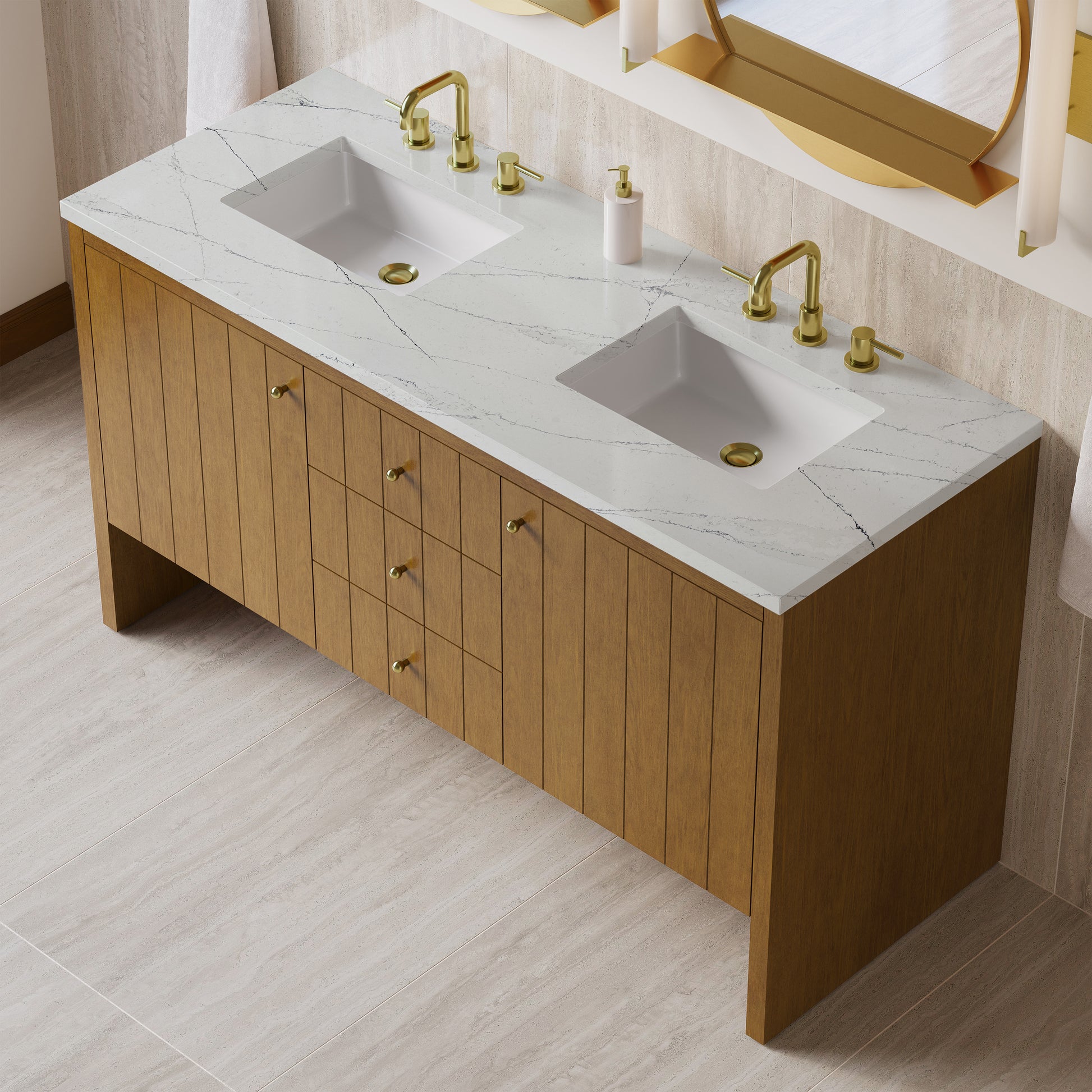 Renovate for Less Atlanta Hudson 60" Double Vanity, Honey Oak w/ 3 CM Ethereal Noctis Silestone Top