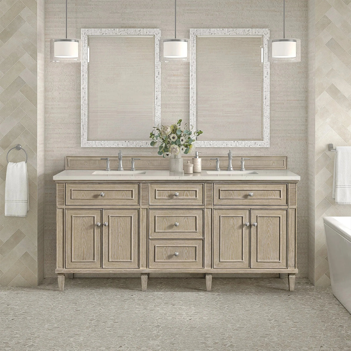 Lorelai 72" Double Vanity, Whitewashed Oak, w/ 3 CM Siberian Silestone Top w/FreePower Wireless Charger