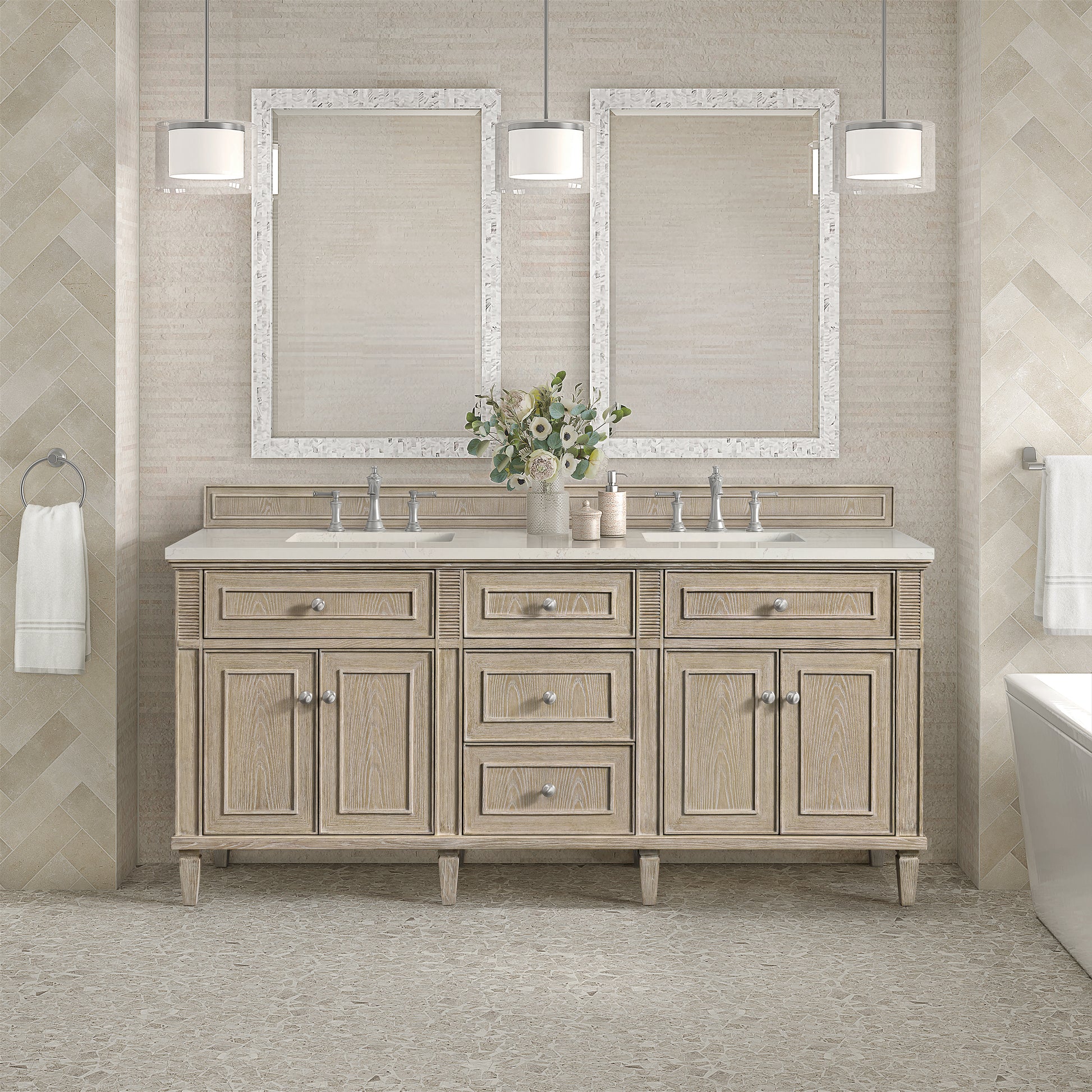Renovate for Less Atlanta Lorelai 72" Double Vanity, Whitewashed Oak, w/ 3 CM Siberian Silestone Top w/FreePower Wireless Charger