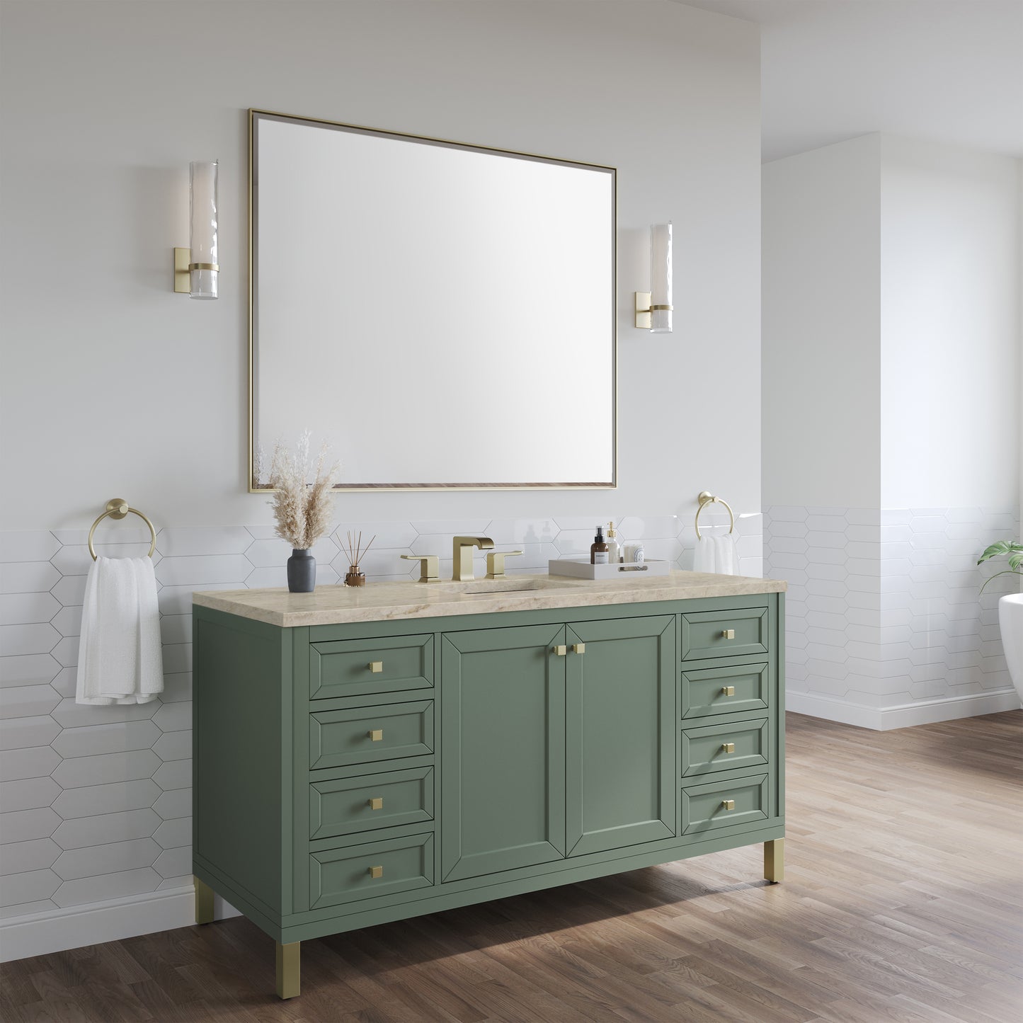 Renovate for Less Atlanta Chicago 60" Single Vanity, Smokey Celadon, w/ 3 CM Tajnar Eclos Top w/FreePower Wireless Charger