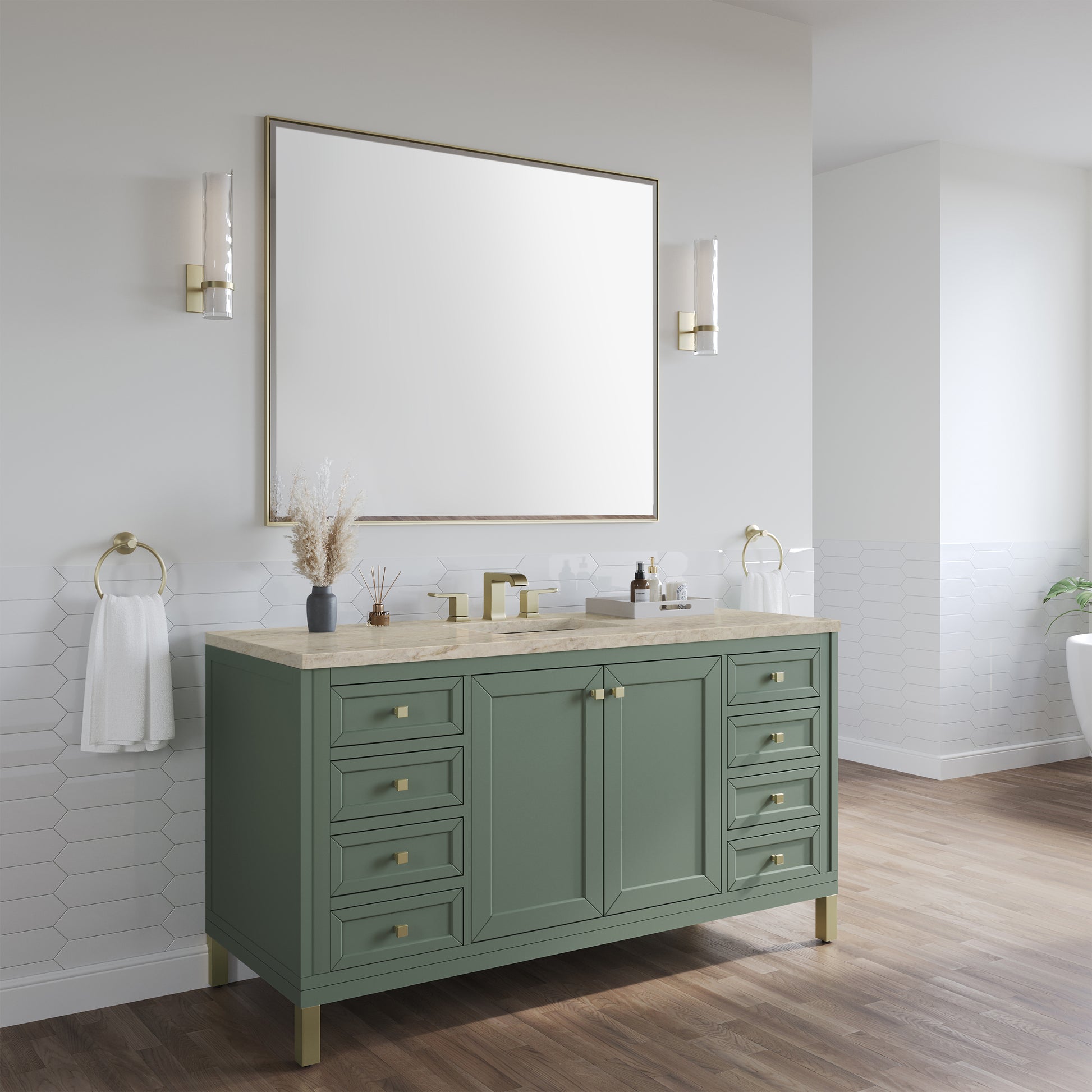 Renovate for Less Atlanta Chicago 60" Single Vanity, Smokey Celadon, w/ 3 CM Tajnar Eclos Top w/FreePower Wireless Charger