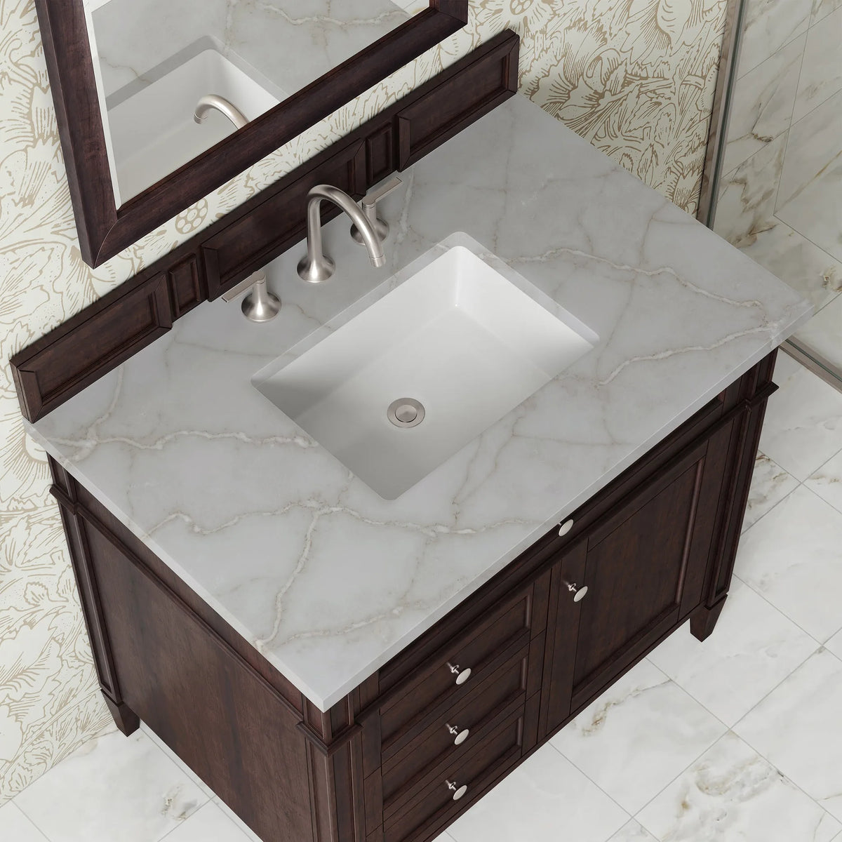 Brittany 36" Single Vanity, Burnished Mahogany w/ 3 CM Victorian Silver Silestone Top