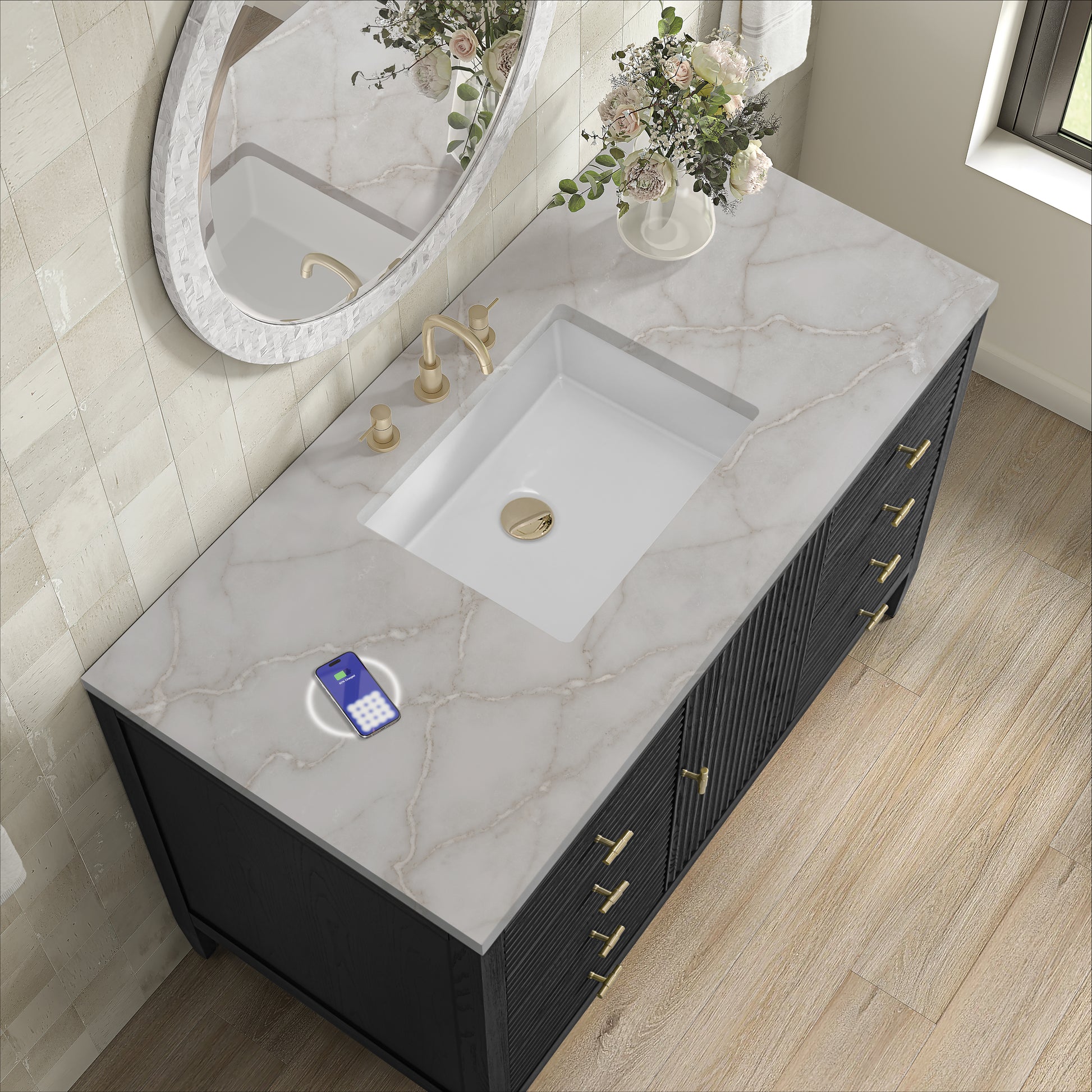 Renovate for Less Atlanta Myrrin 48" Single Vanity, Carbon Oak w/ 3 CM Victorian Silver Silestone Top w/FreePower Wireless Charger