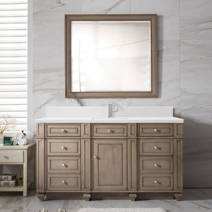 Renovate for Less Atlanta Bristol 60" Single Vanity, Whitewashed Walnut w/ Single Hole 3 CM White Zeus Silestone Top & Backsplash
