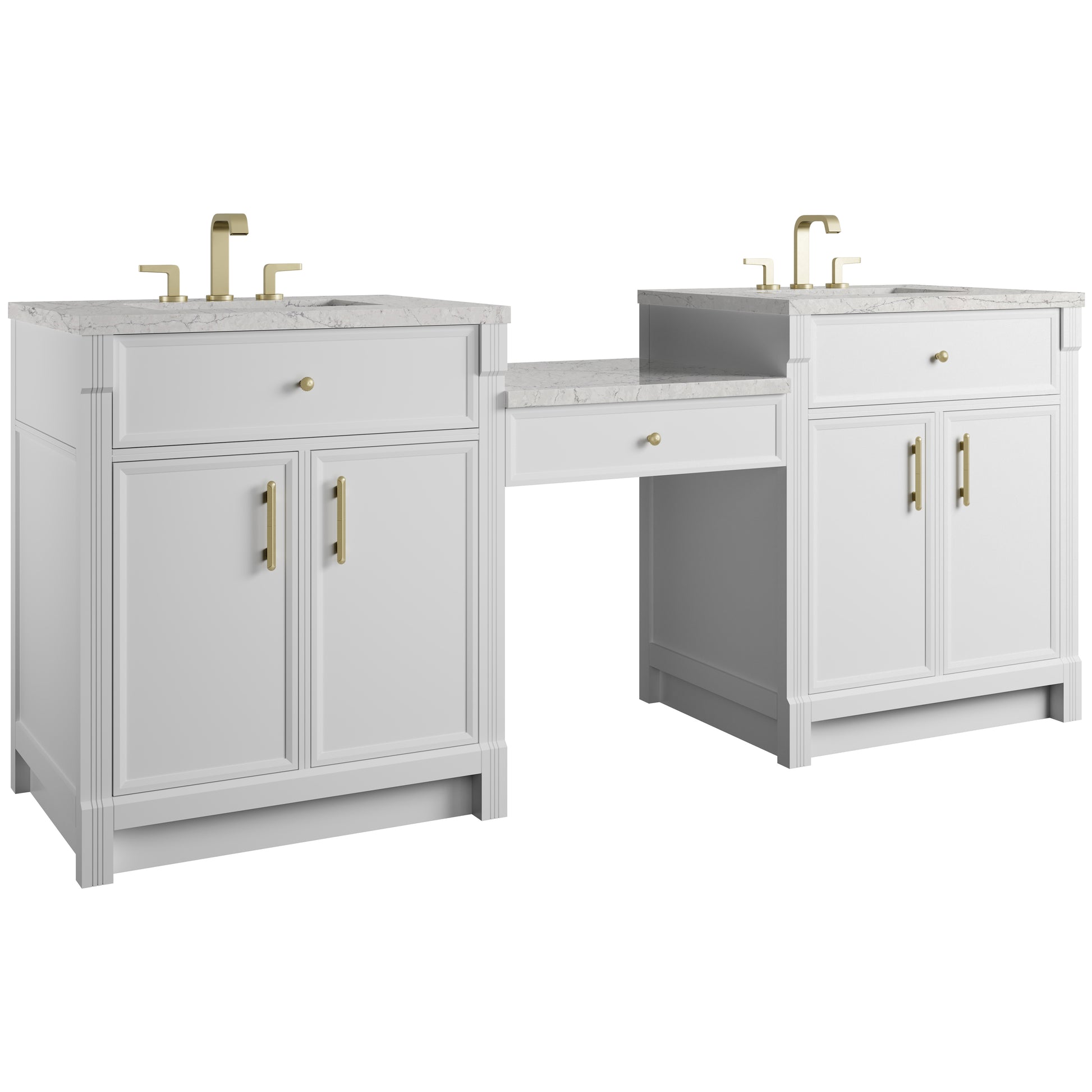 Renovate for Less Atlanta Bellshire 84" Dual Vanity Set with 24" Make-Up Counter, Bright White w/3 cm Eternal Jasmine Pearl Silestone Top