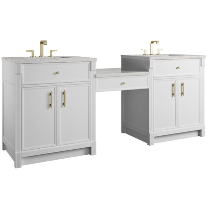 Renovate for Less Atlanta Bellshire 84" Dual Vanity Set with 24" Make-Up Counter, Bright White w/3 cm Eternal Jasmine Pearl Silestone Top