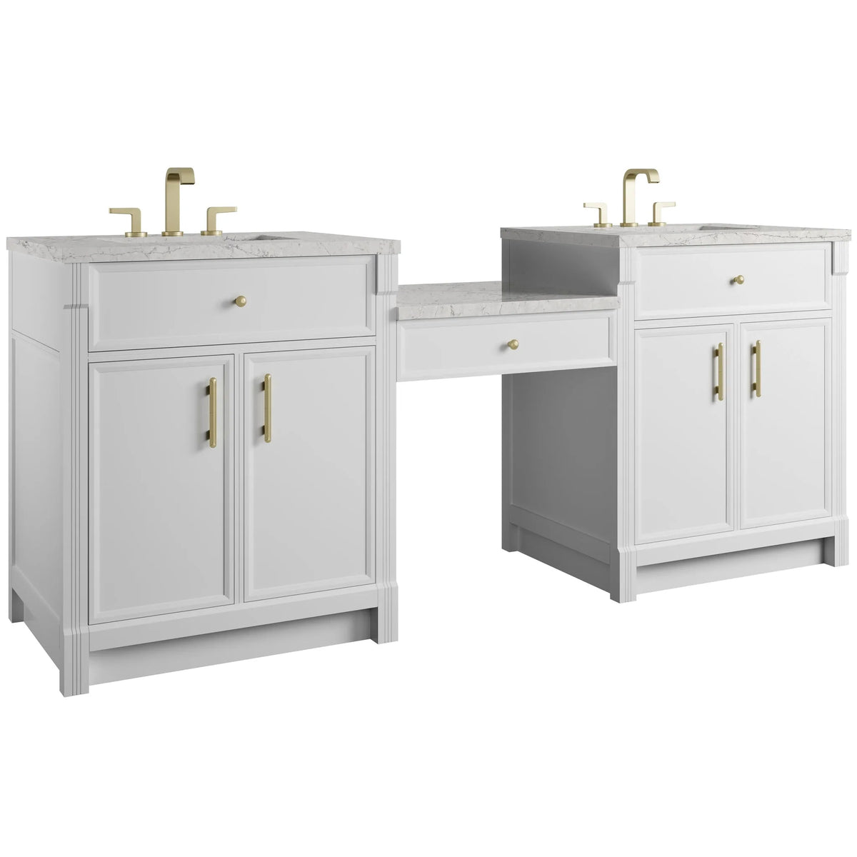 Bellshire 84" Dual Vanity Set with 24" Make-Up Counter, Bright White w/3 cm Eternal Jasmine Pearl Silestone Top