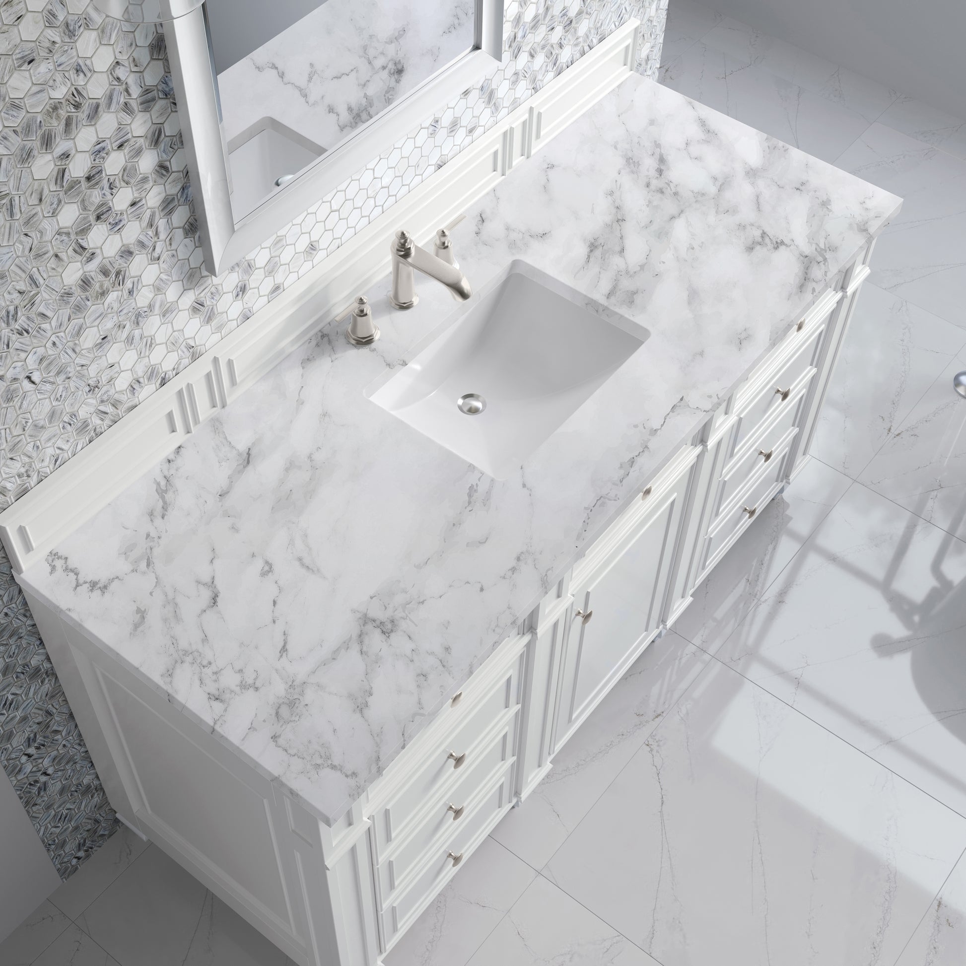 Renovate for Less Atlanta Bristol 60" Single Vanity, Bright White w/ 3 CM Carrara Marble Top